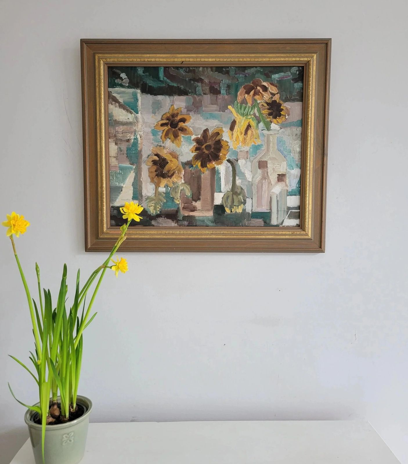 photo buy Original Framed Vintage Mid Century Swedish Expressionist Landscape Sunflowers And Glass Bottles