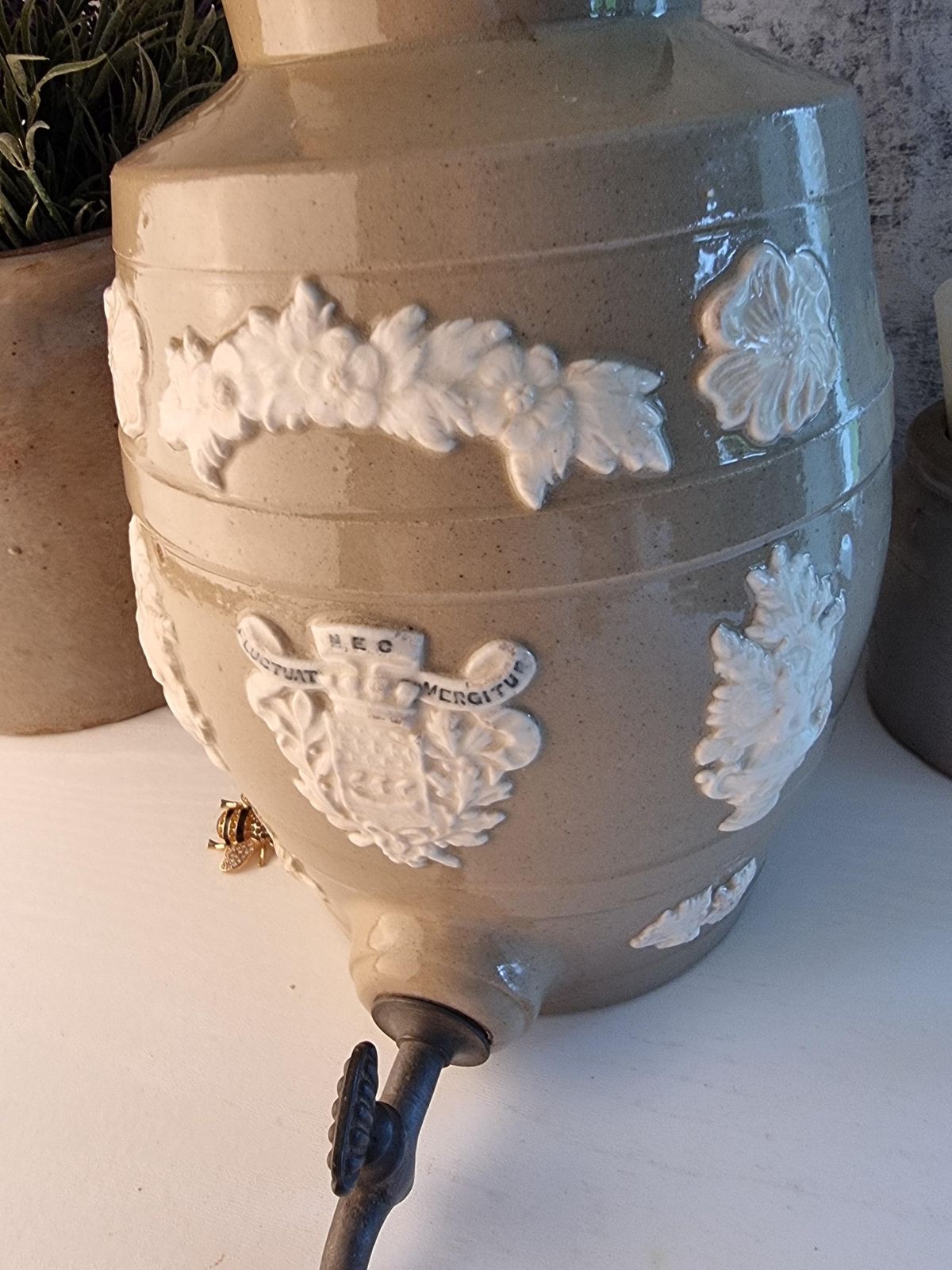 Antique French Stoneware Vinegar Pot – Parisian Coat Of Arms Dispensing Jug photo for sale