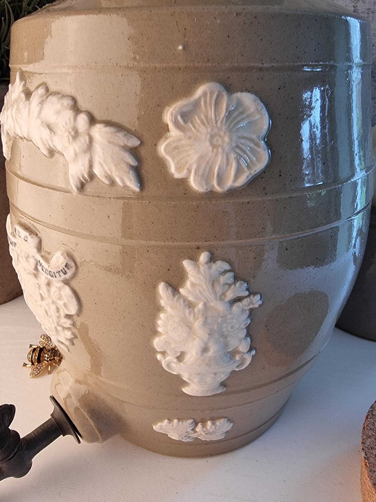 Antique French Stoneware Vinegar Pot – Parisian Coat Of Arms Dispensing Jug photo vinterior