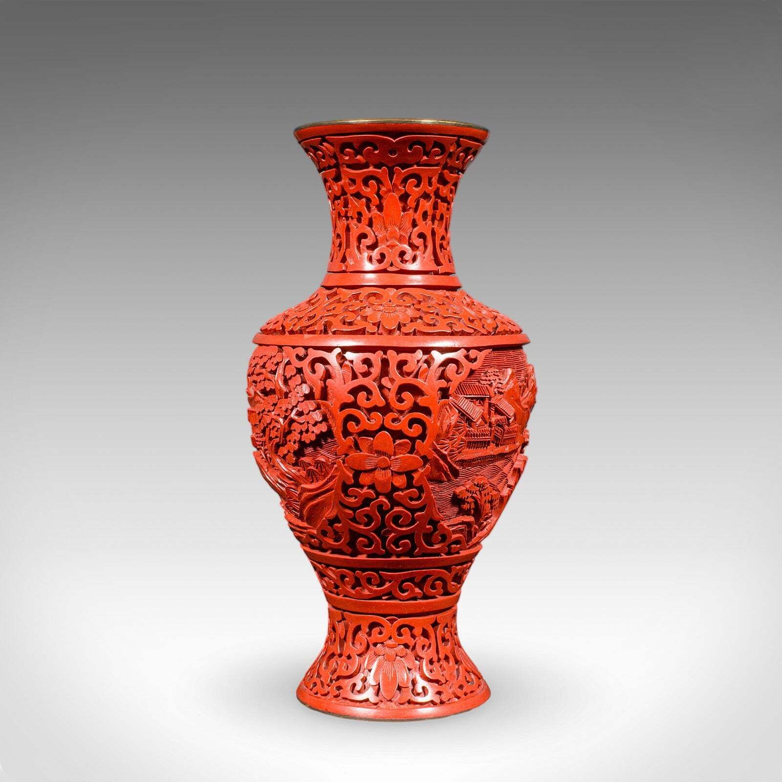 Pair Of Vintage Cinnabar Baluster Vases, Oriental, Lacquer, Cloisonne, Posy Urn photo Home Decor