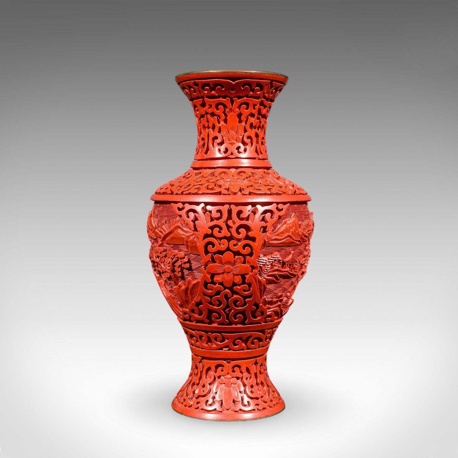 Pair Of Vintage Cinnabar Baluster Vases, Oriental, Lacquer, Cloisonne, Posy Urn photo vinterior