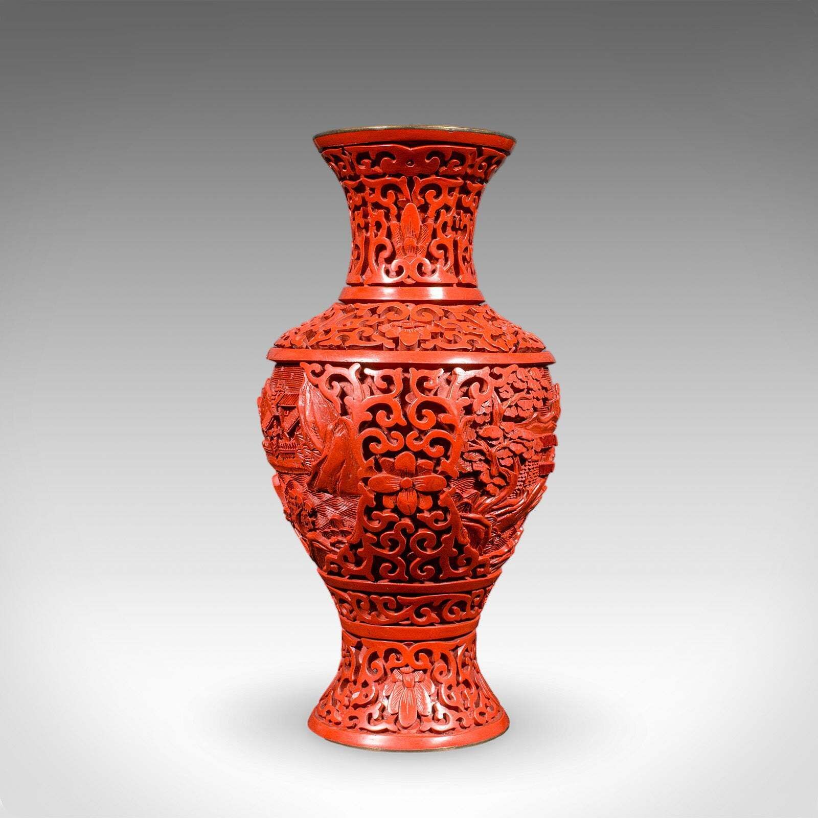 Pair Of Vintage Cinnabar Baluster Vases, Oriental, Lacquer, Cloisonne, Posy Urn photo vintage