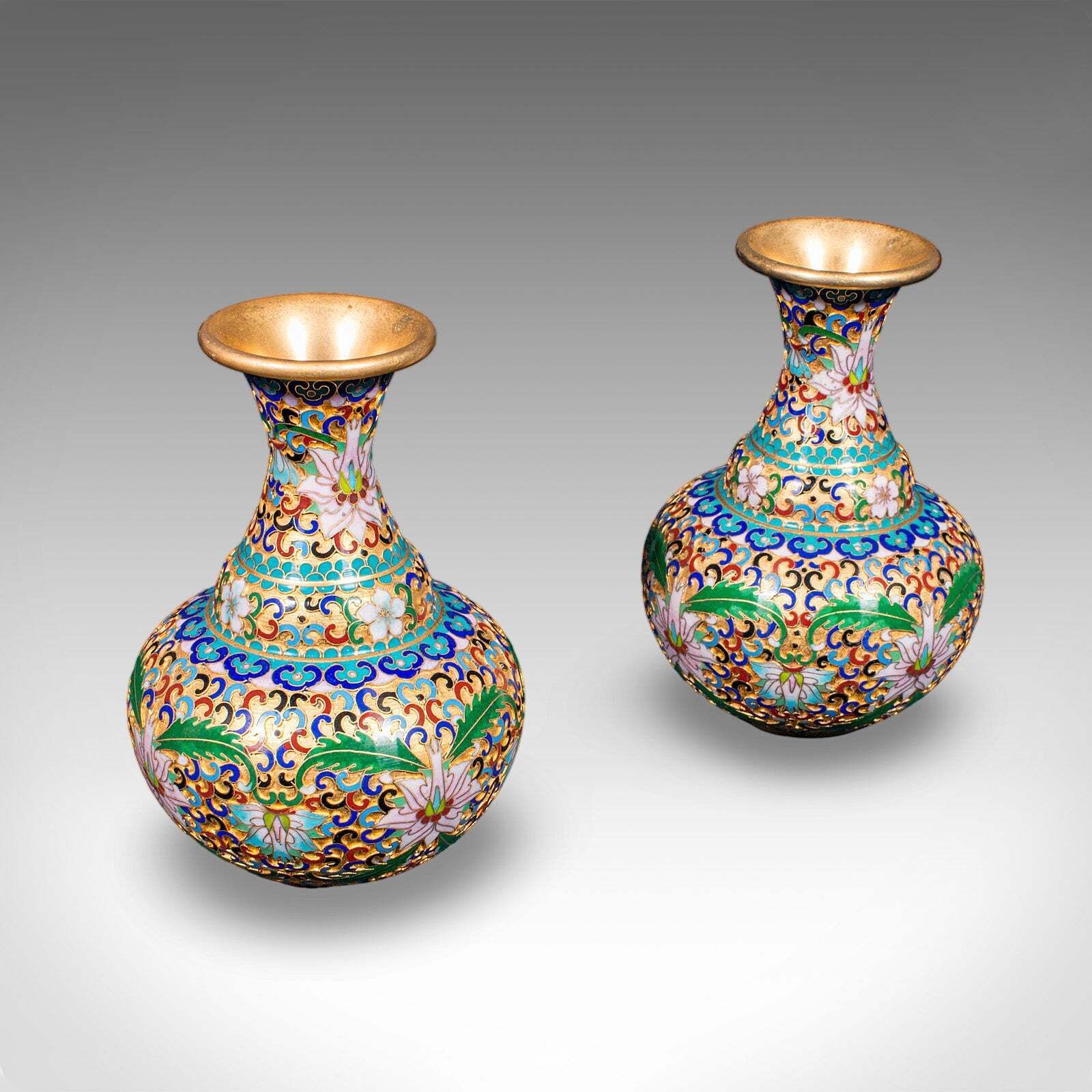 Pair Of Small Vintage Baluster Form Vases, Oriental, Cloisonne, Posy Urn, C.1970