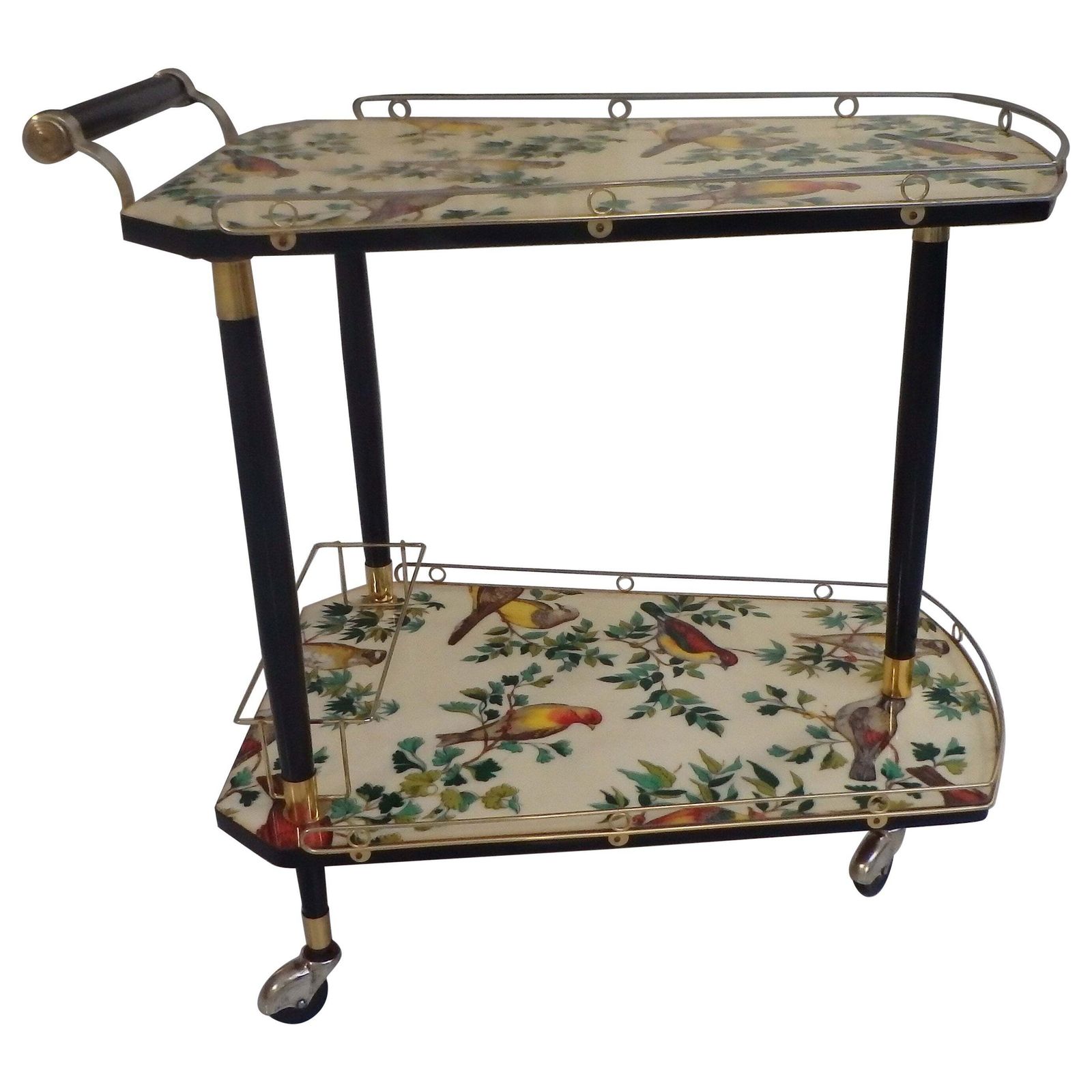 1950s Bar Cart On 3 Wheels With Beautiful Birds On The Shelf