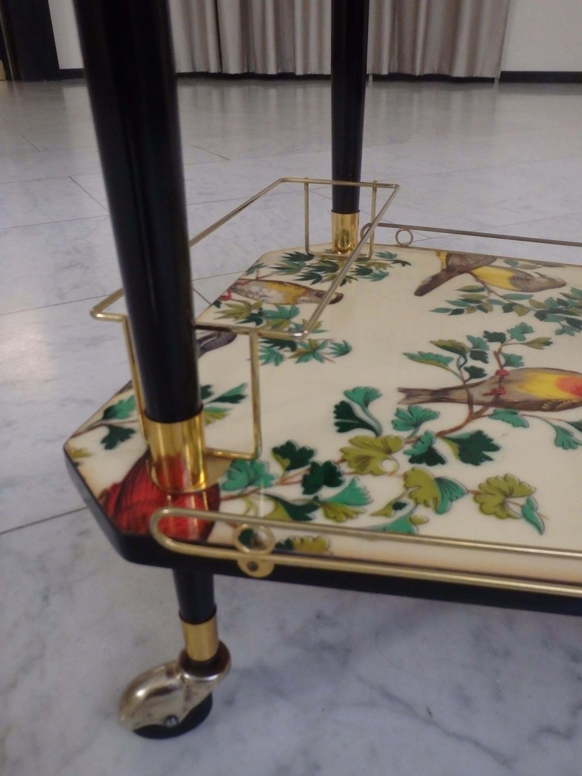 1950s Bar Cart On 3 Wheels With Beautiful Birds On The Shelf photo vinterior