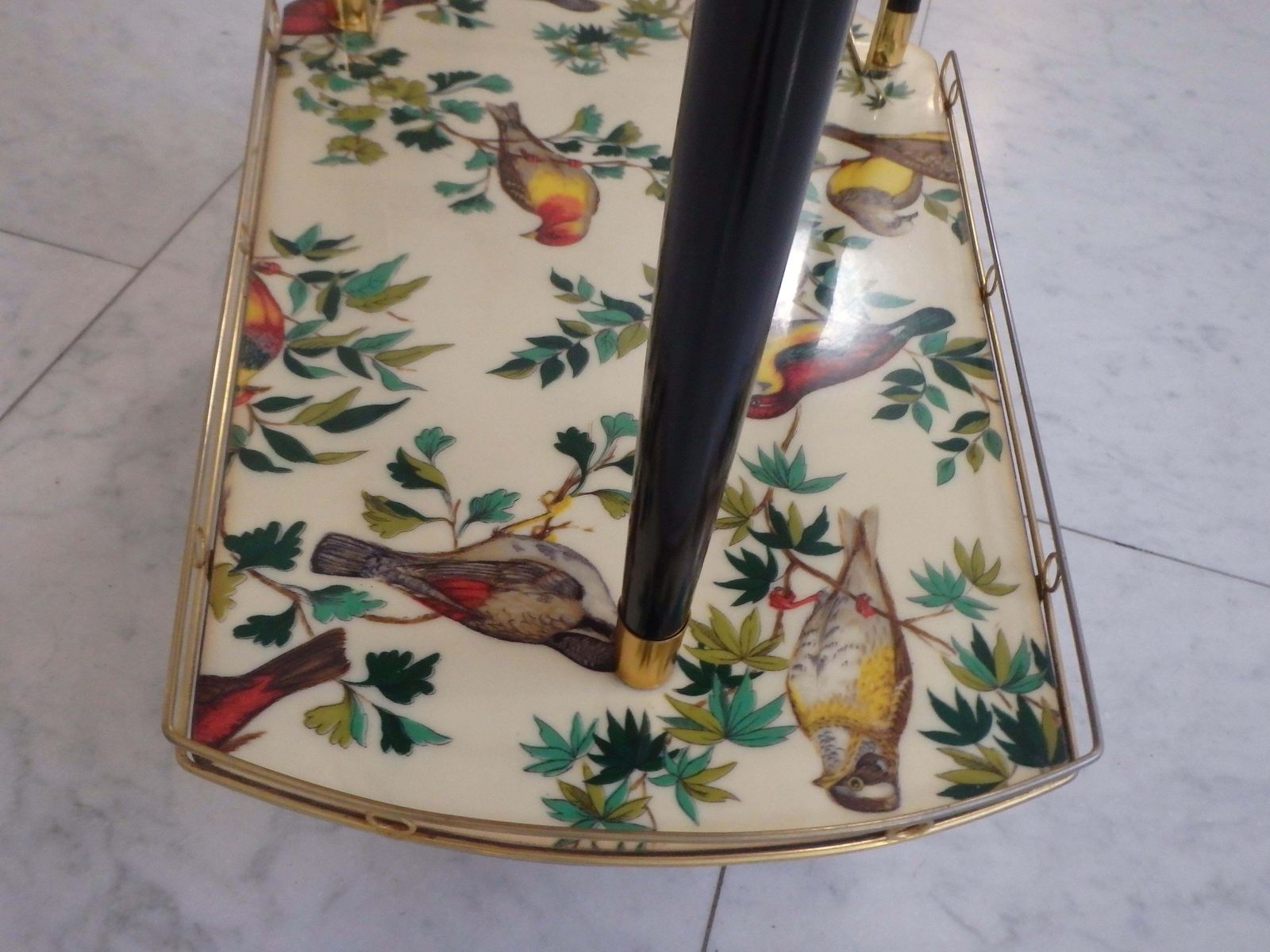 3108.0 1950s Bar Cart On 3 Wheels With Beautiful Birds On The Shelf photo