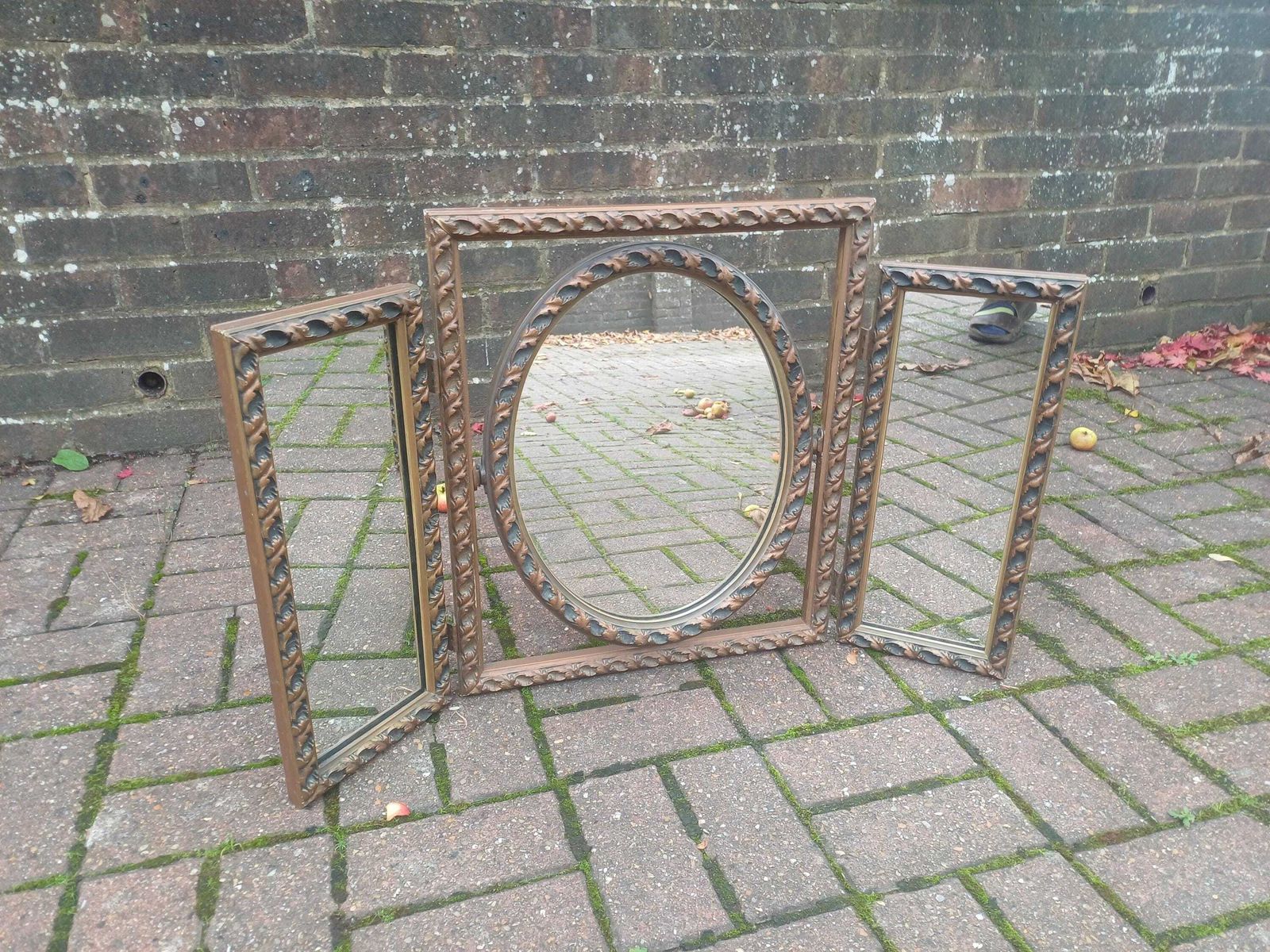Vintage Triple Dressing Table Mirror With Ornate Frame, Folding Vanity Mirror, Antique Bronze Blue Finish Tabletop Mirror, Art Deco Style