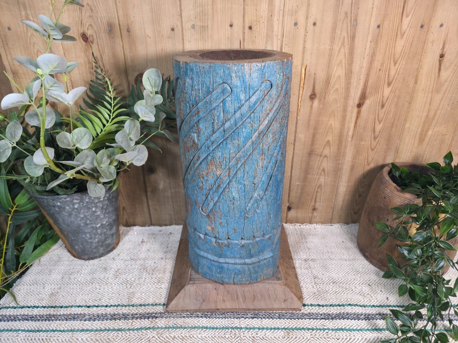 Large Vintage Reclaimed Carved Indian Solid Wooden Pillar Column Candle Holder