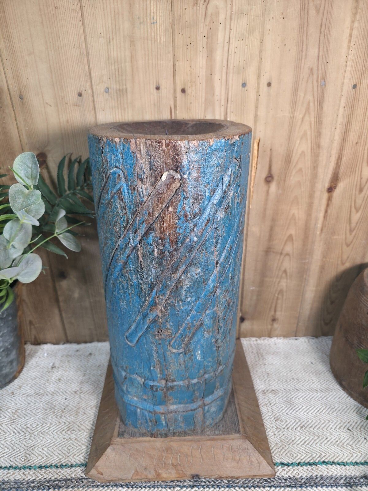 Large Vintage Reclaimed Carved Indian Solid Wooden Pillar Column Candle Holder photo Home Decor