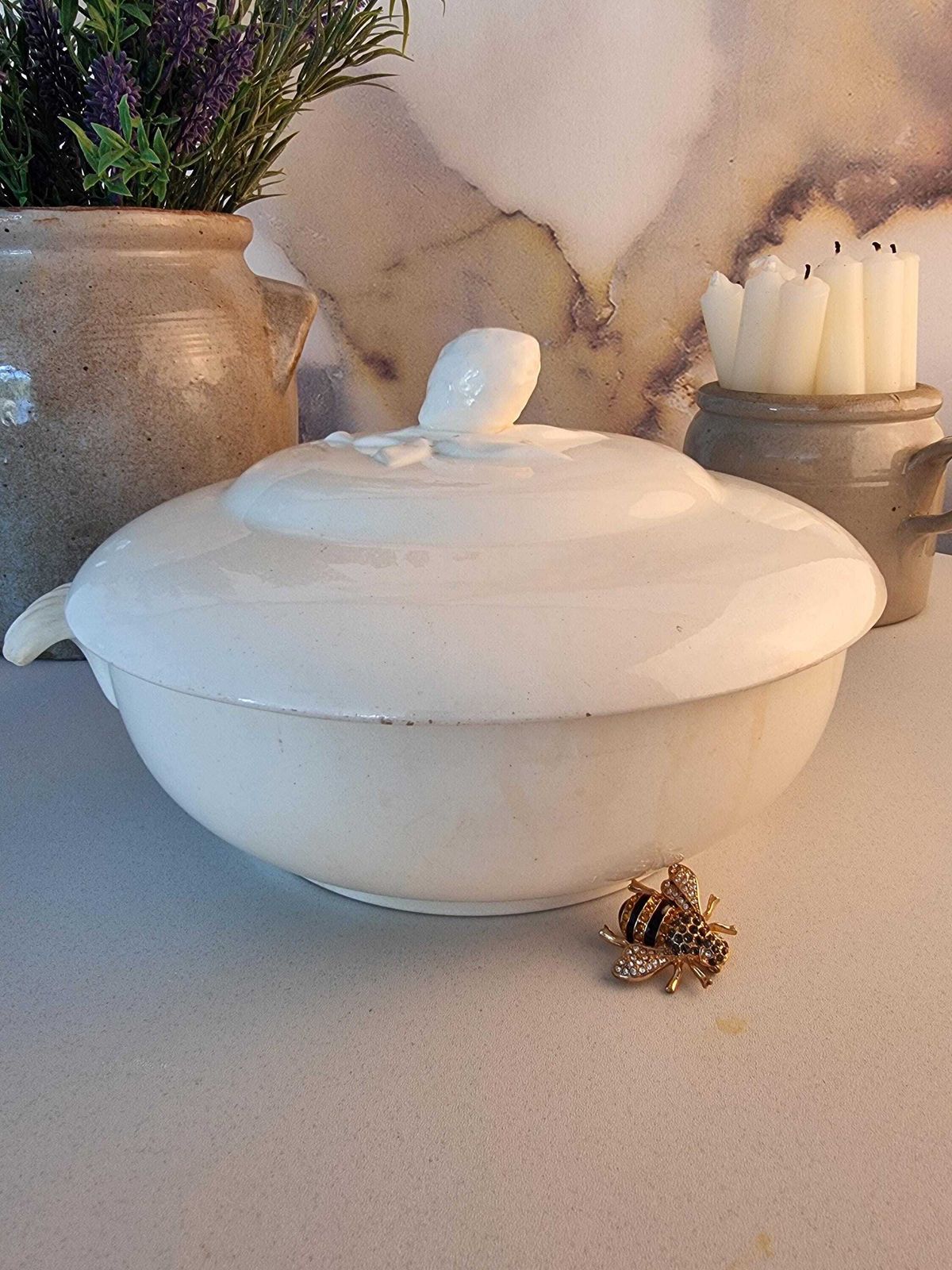 Antique Lidded Serving Casserole / Vegetable Dish In White   French Country Farmhouse Decor