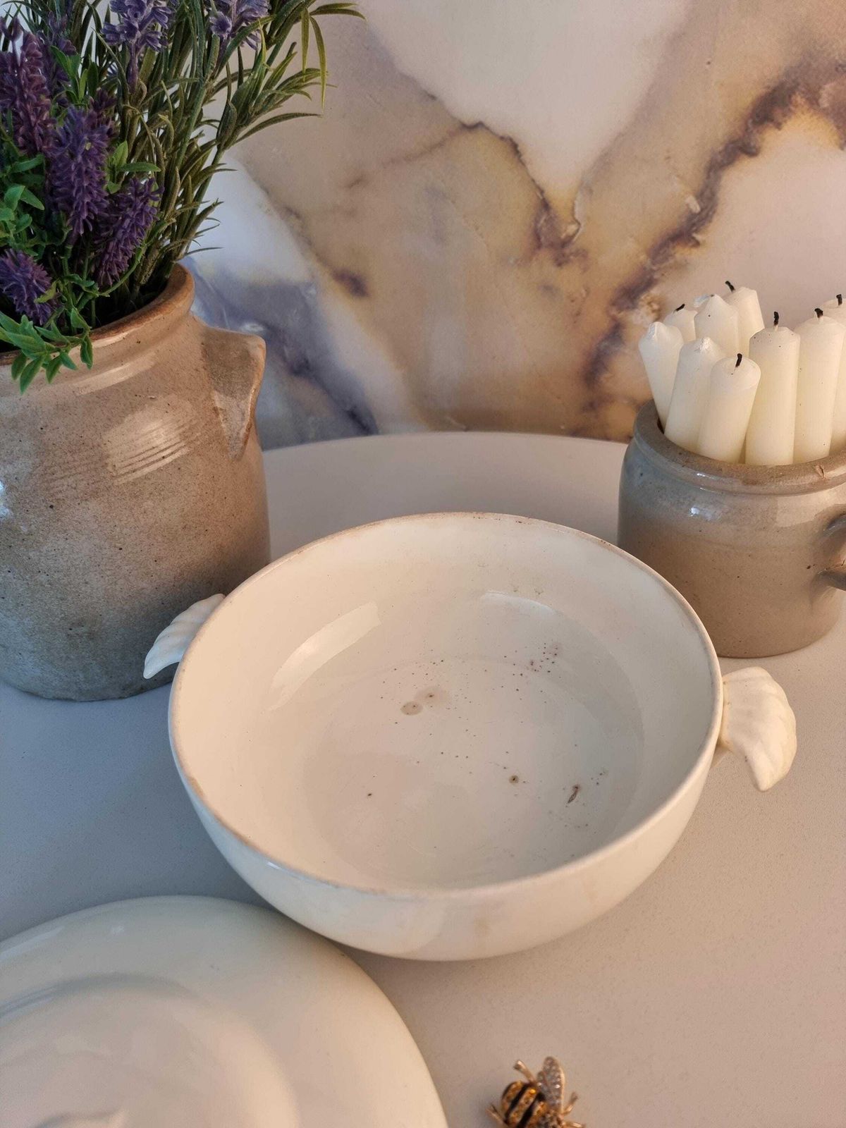 Antique Lidded Serving Casserole / Vegetable Dish In White   French Country Farmhouse Decor photo vintage
