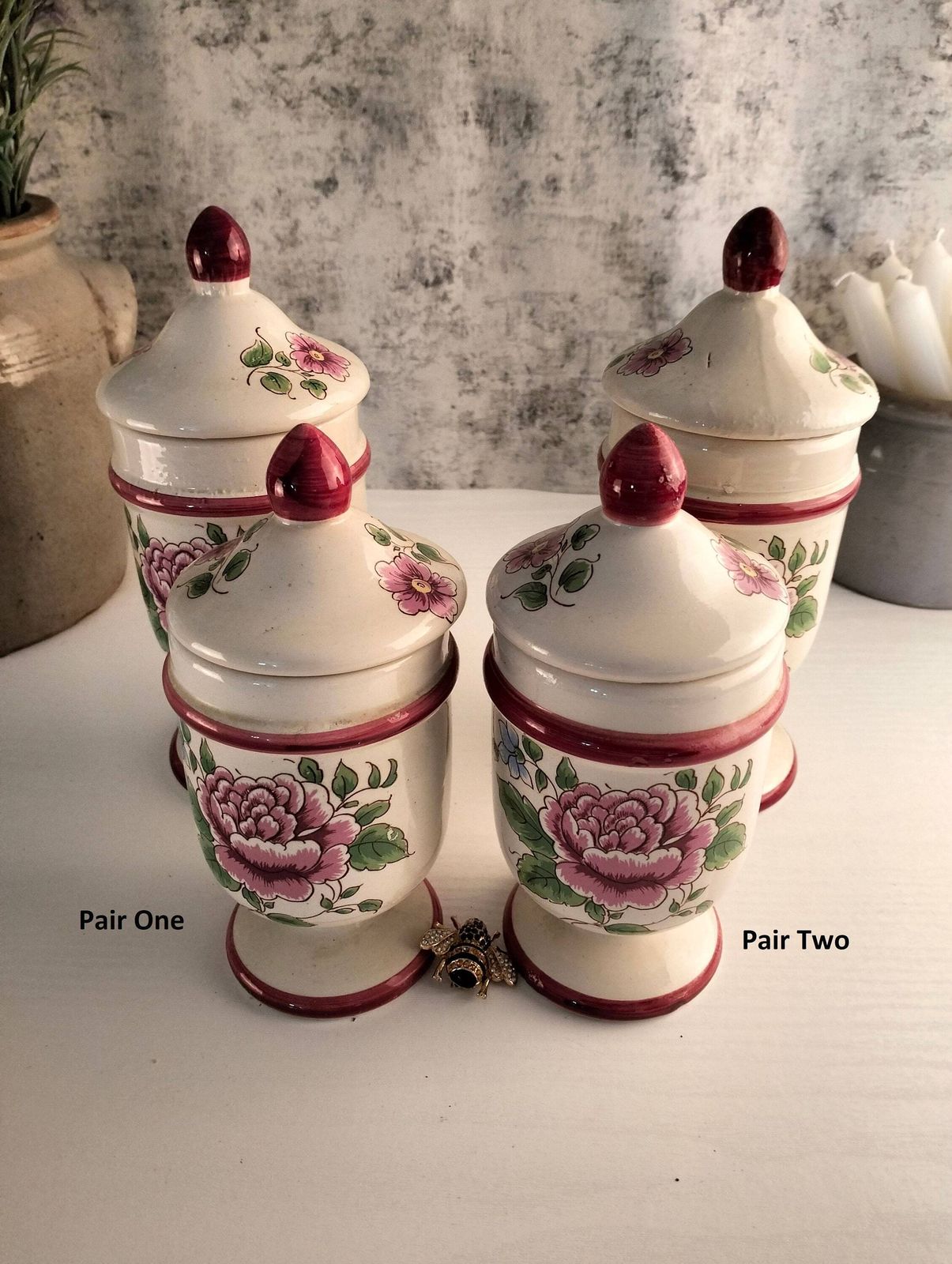 Antique French Ceramic Kitchen Jars – Floral Storage Cannisters, Set Of Two