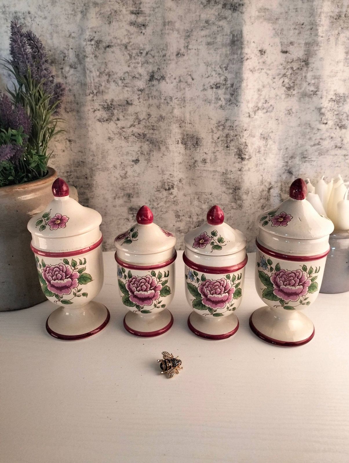 Antique French Ceramic Kitchen Jars – Floral Storage Cannisters, Set Of Two photo for sale