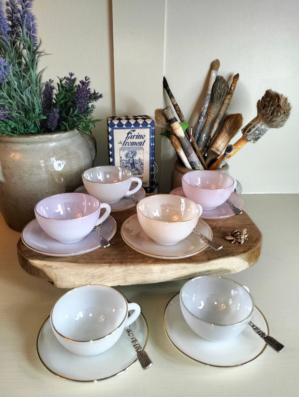 Vintage Arcopal Tea Cup & Saucer Set – French Opaque Pastel Milk Glass photo furniture
