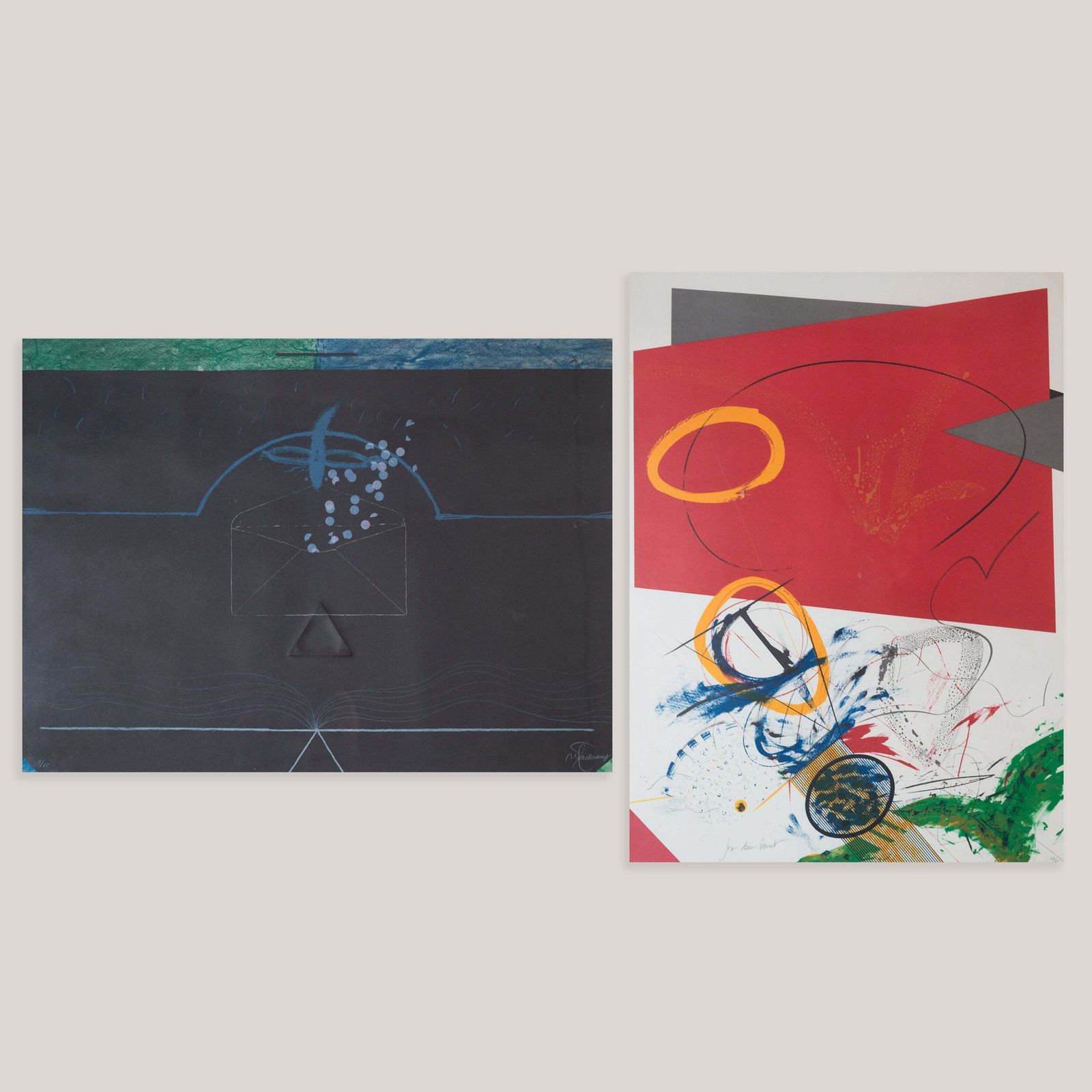 Abstracte Geometrische Composities – Paar Gesigneerde Vintage Ingelijste Gelimiteerde Lithografieën