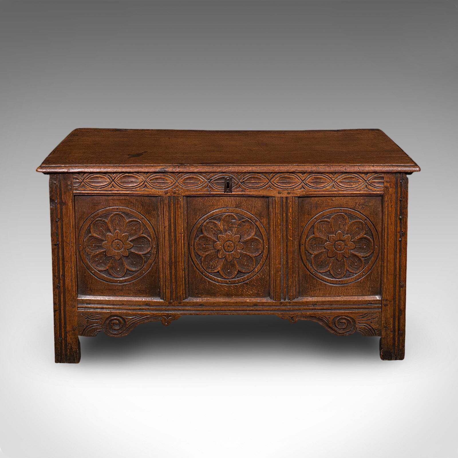 Antique Linen Chest, English, Carved Oak, Coffer, Bay Window Seat, William III photo for sale