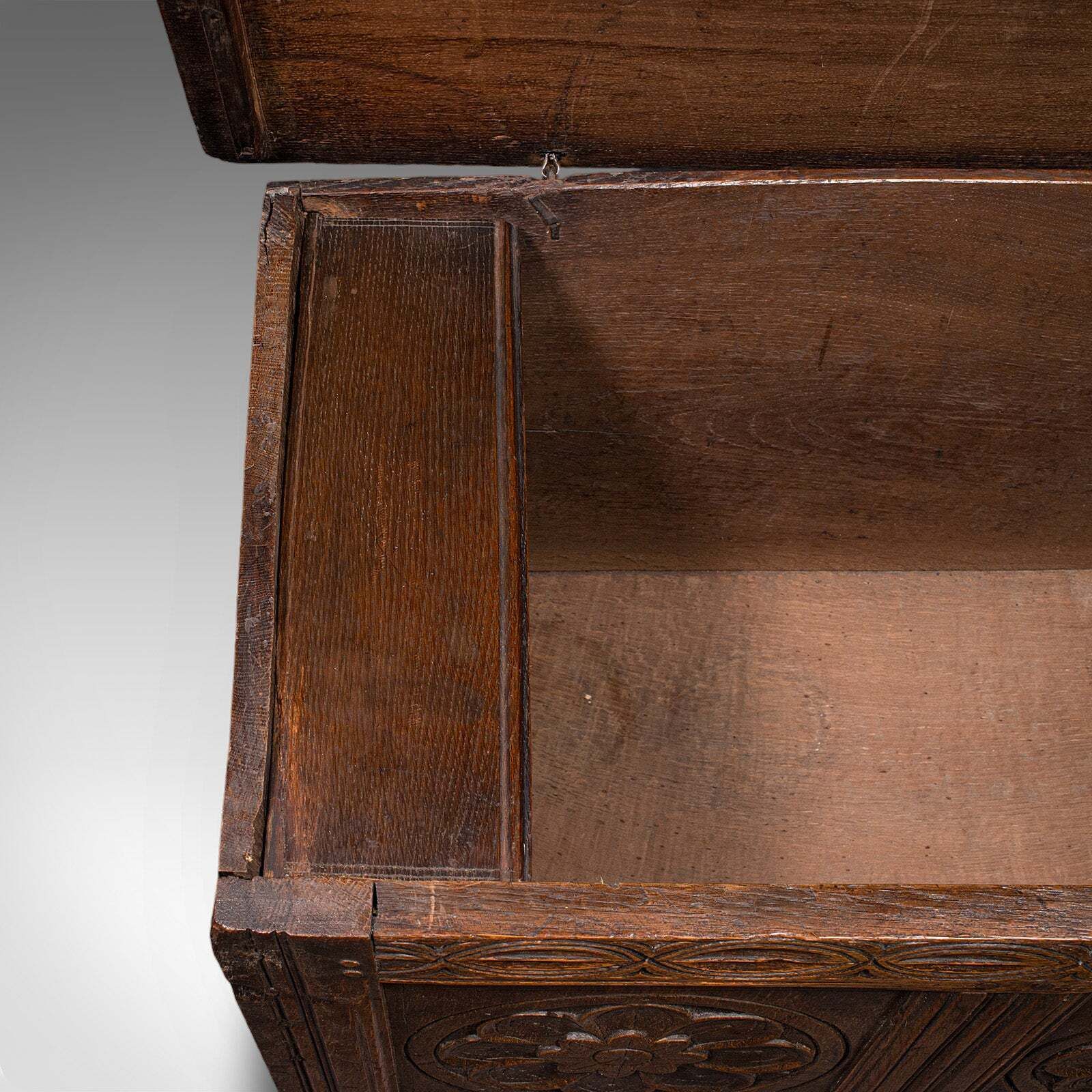 photo for sale Antique Linen Chest, English, Carved Oak, Coffer, Bay Window Seat, William III