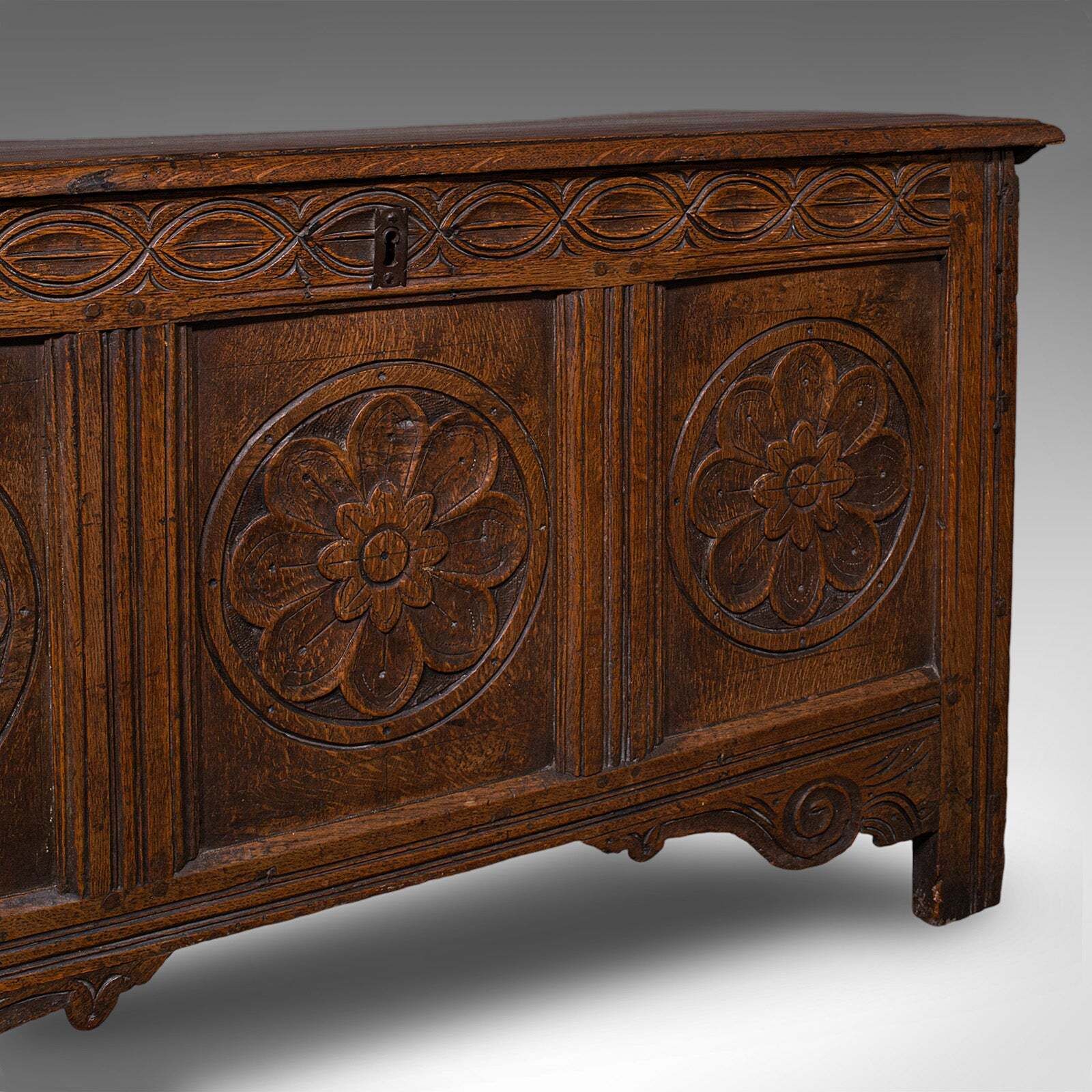 2908.0 Antique Linen Chest, English, Carved Oak, Coffer, Bay Window Seat, William III photo