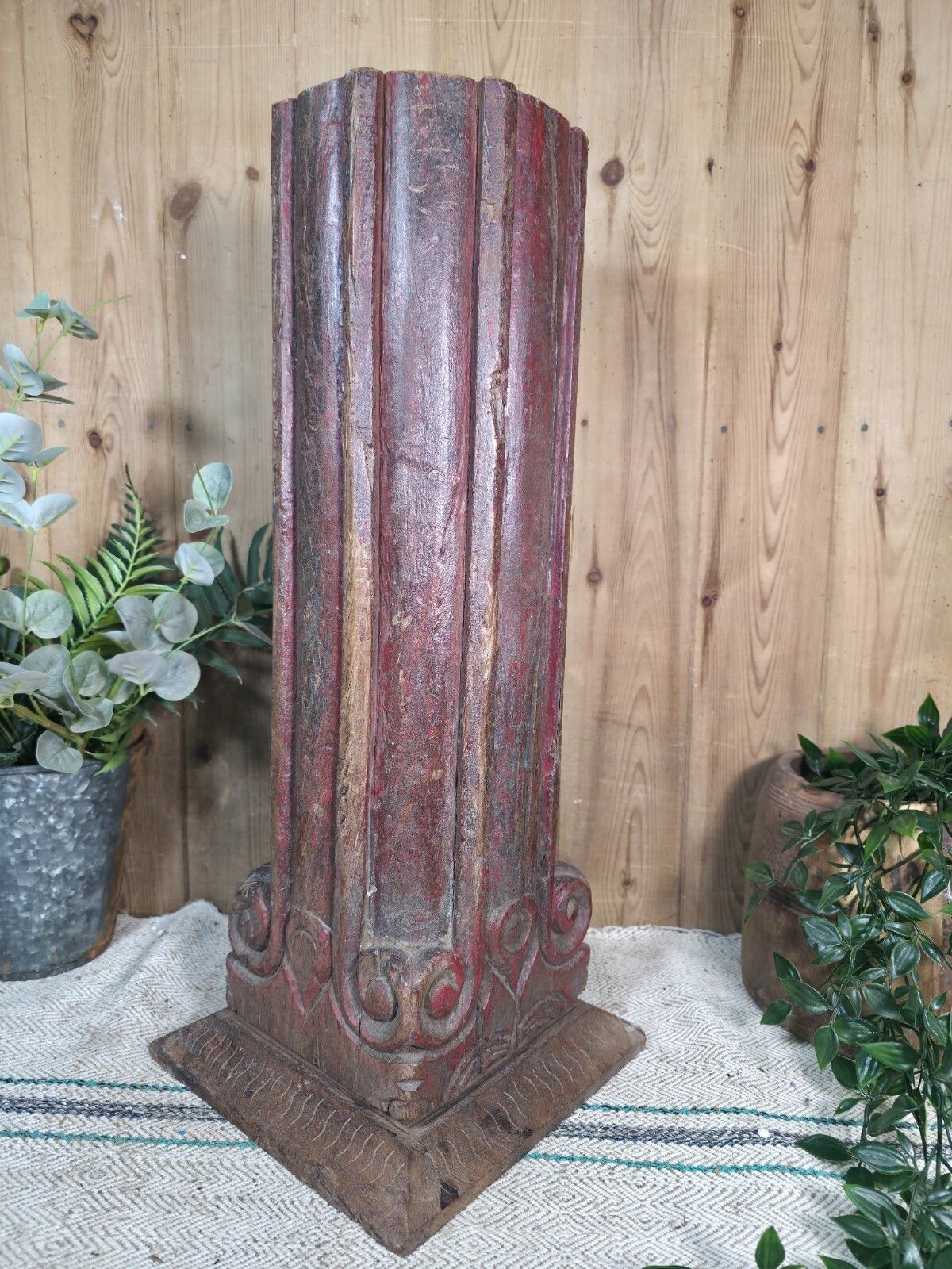 photo furniture Large Vintage Reclaimed Carved Indian Solid Wooden Pillar Column Candle Holder