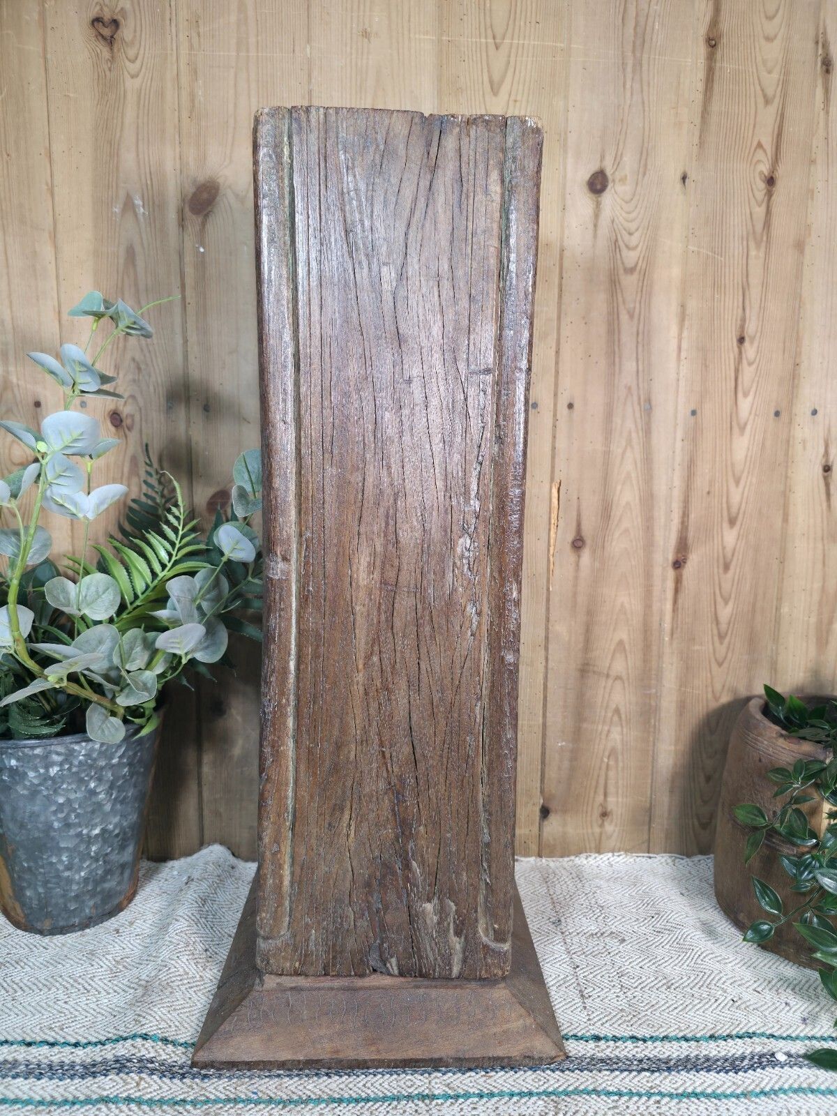 Large Vintage Reclaimed Carved Indian Solid Wooden Pillar Column Candle Holder photo vinterior