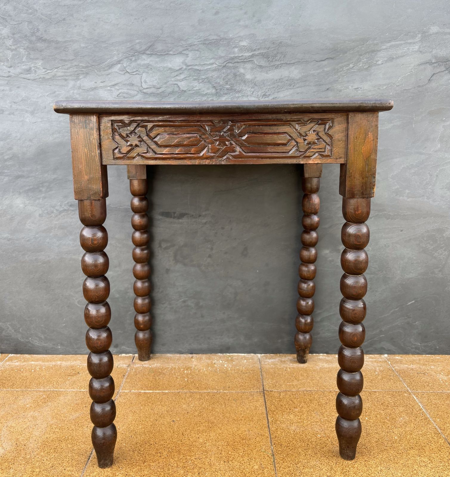 Spanish Barley Twist Side Table With Geometric Carved Top, 1930s photo buy