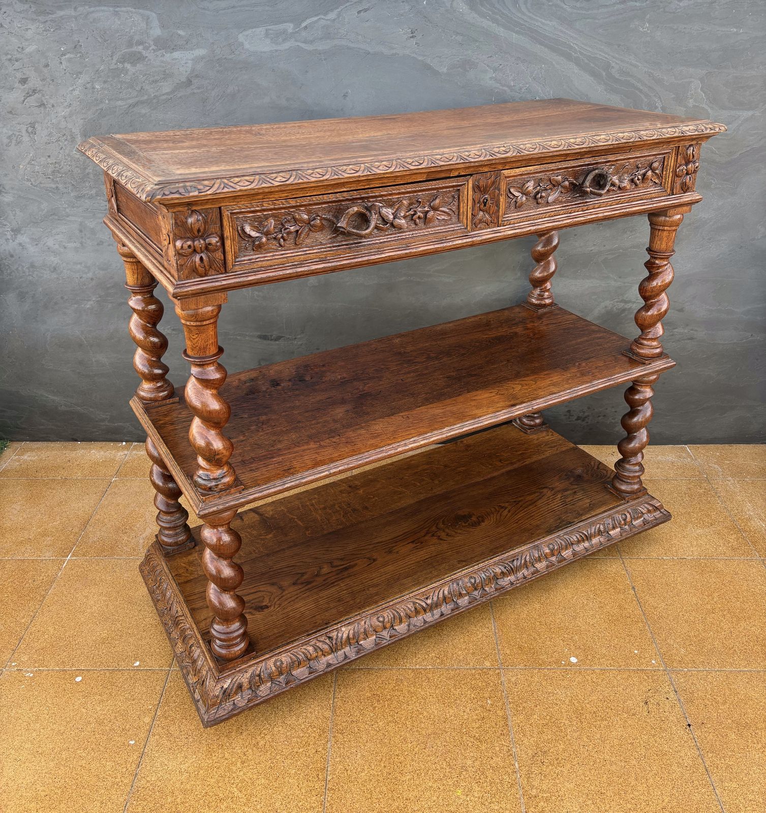 photo furniture Carved Oak Barley Twist Console With Shelves, 1890s