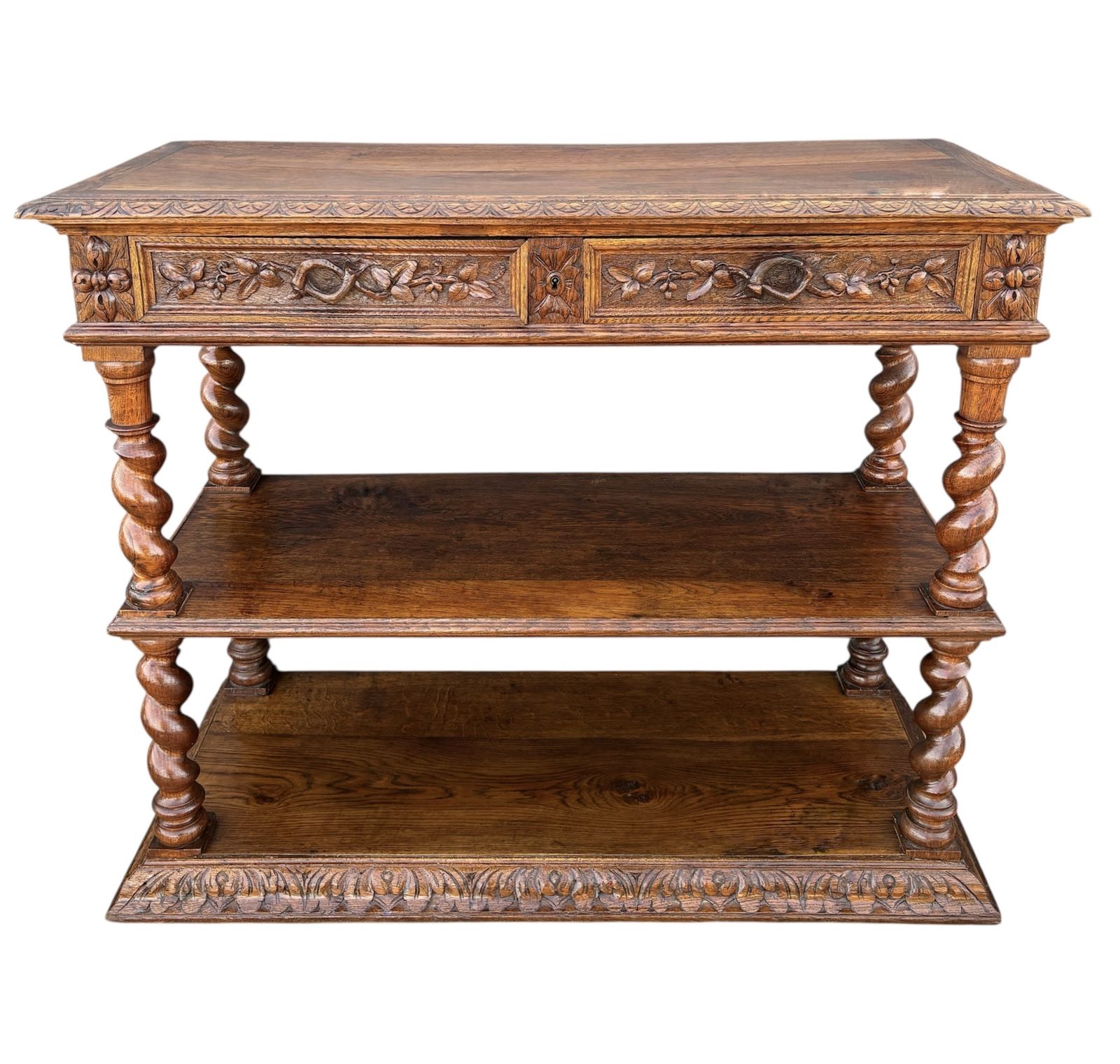 Carved Oak Barley Twist Console With Shelves, 1890s