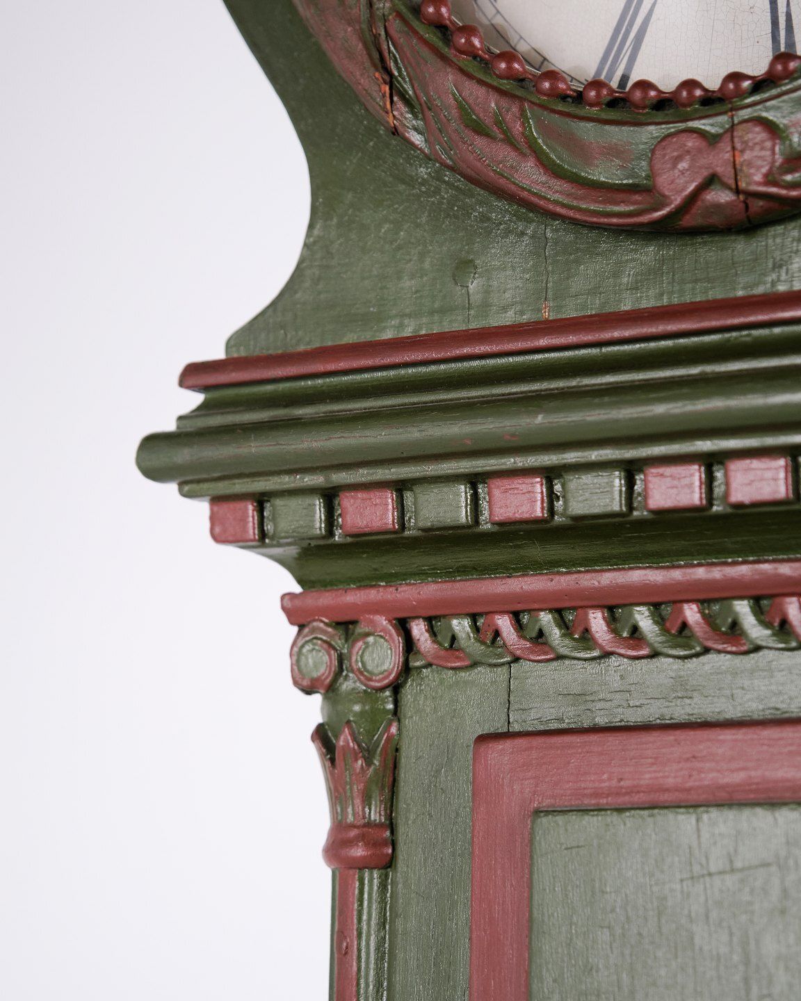 photo for sale Bornholm Clock – Miss Model – Hand Painted With Carved Details – Green & Red Paint – Year 1860s