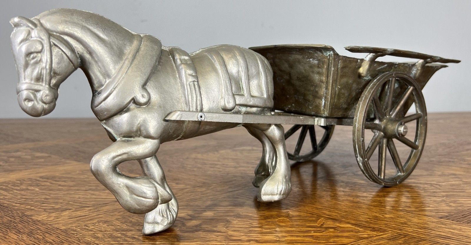 Figurine Horse Cart Vintage Style Metal Horse Drawn Wagon Sculpture Lot 4678 photo Art
