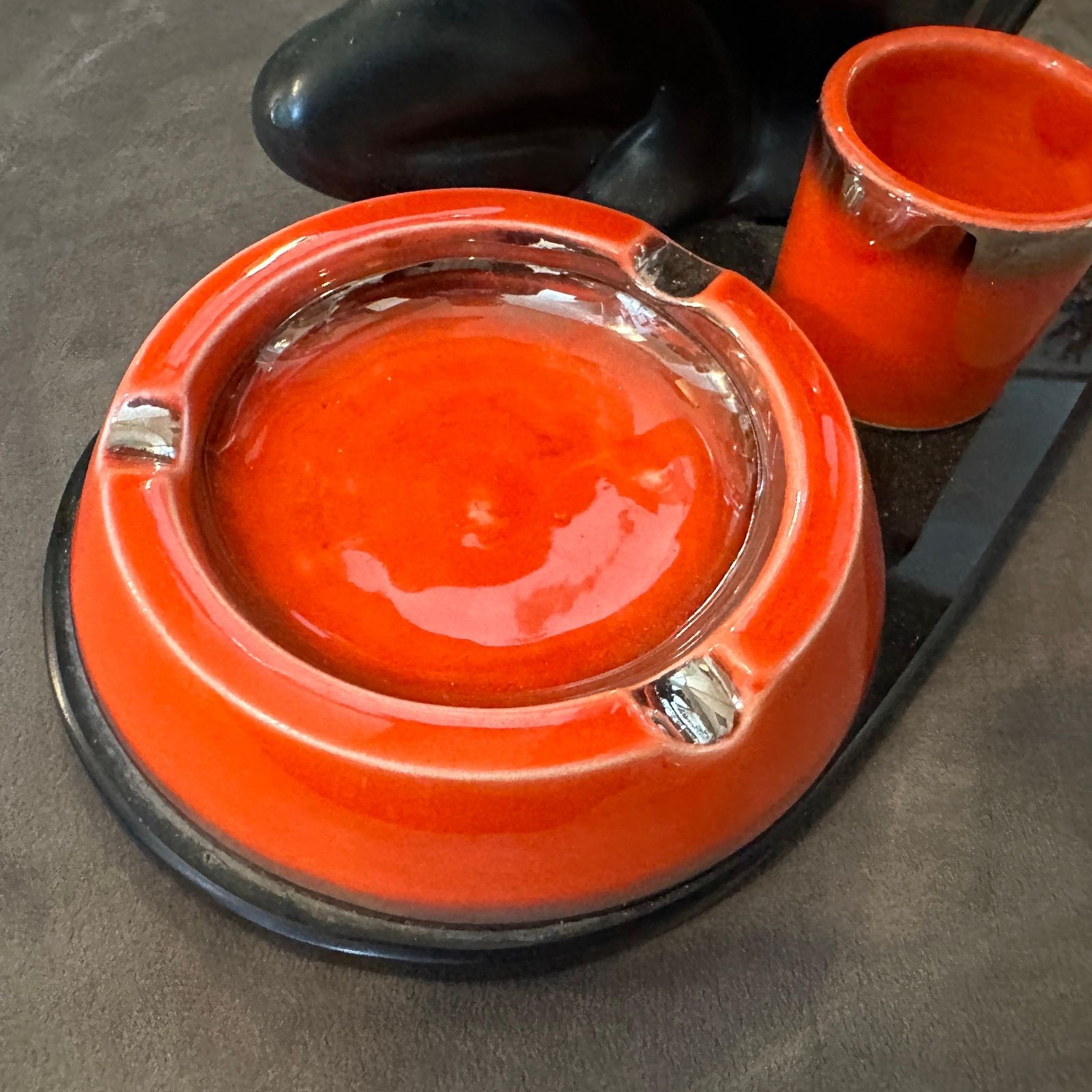 photo for sale 1950s Mid Century Modern Ceramic And Black Glass Italian Smoking Set