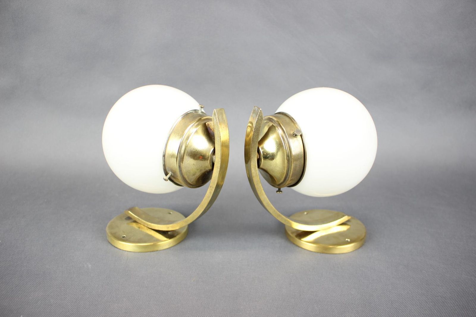 Pair Of Art Deco Brass Wall Lamps With Opaline Glass, Europe, 1930s photo for sale
