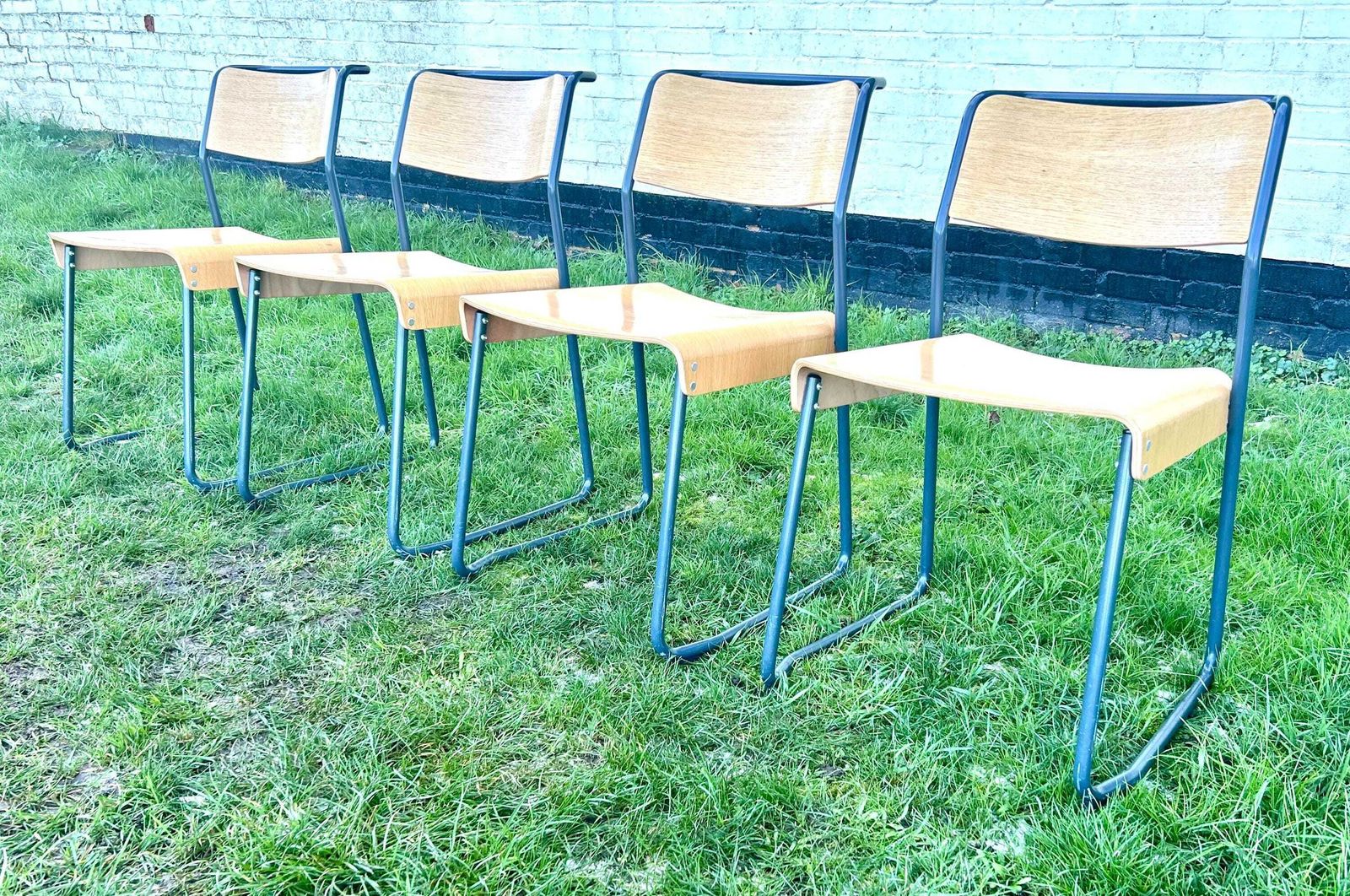 4 Available Very Good & Proper Canteen Stacking Chairs Vintage Industrial Wooden Kitchen Dining Seating School Grey