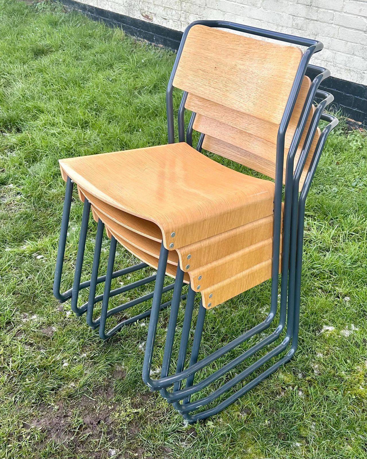 4 Available Very Good & Proper Canteen Stacking Chairs Vintage Industrial Wooden Kitchen Dining Seating School Grey photo furniture