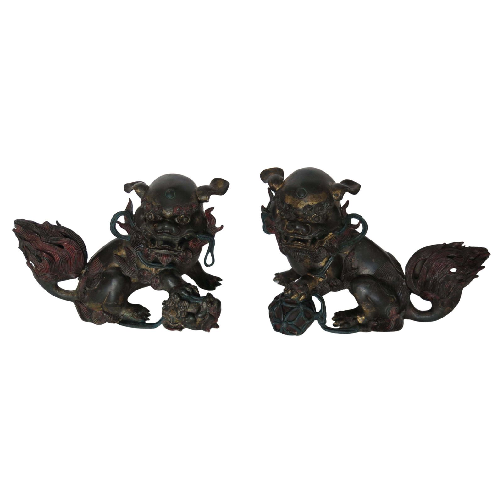 Antique Pair Large Chinese Bronze Foo Dogs Fine Detail Gilded & Enamelled, Qing 19th C photo furniture