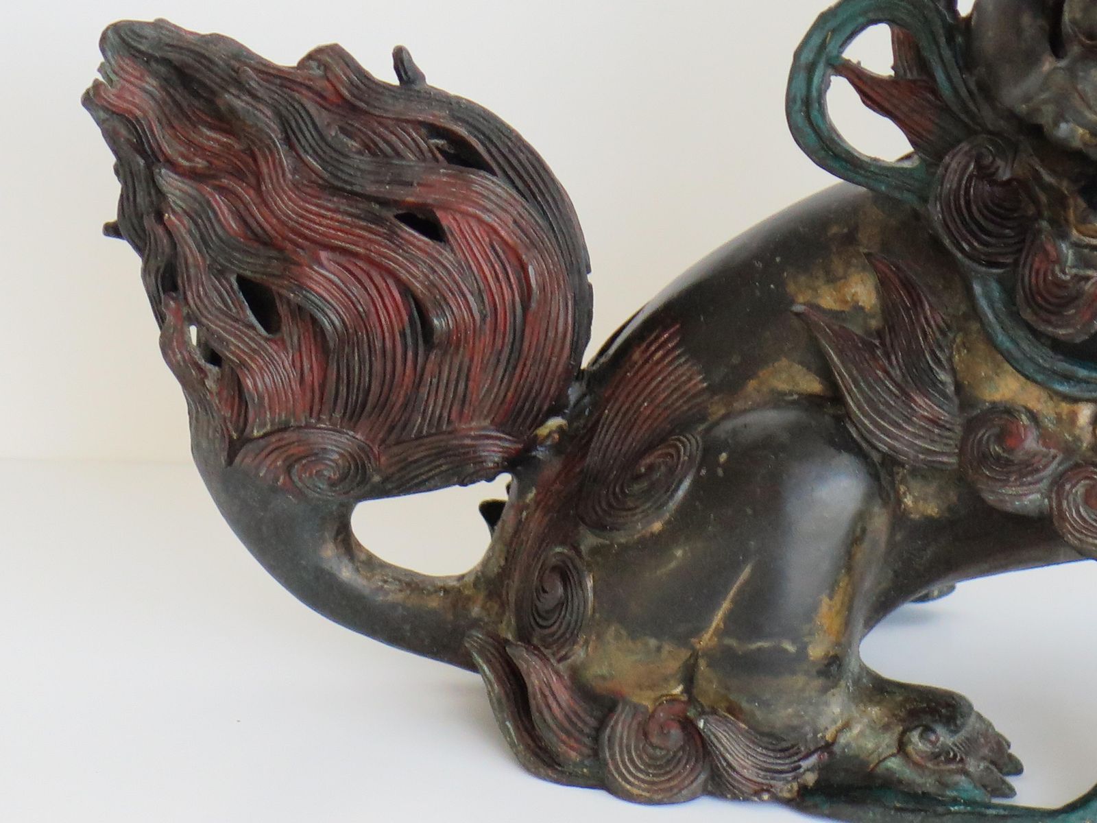photo buy Antique Pair Large Chinese Bronze Foo Dogs Fine Detail Gilded & Enamelled, Qing 19th C