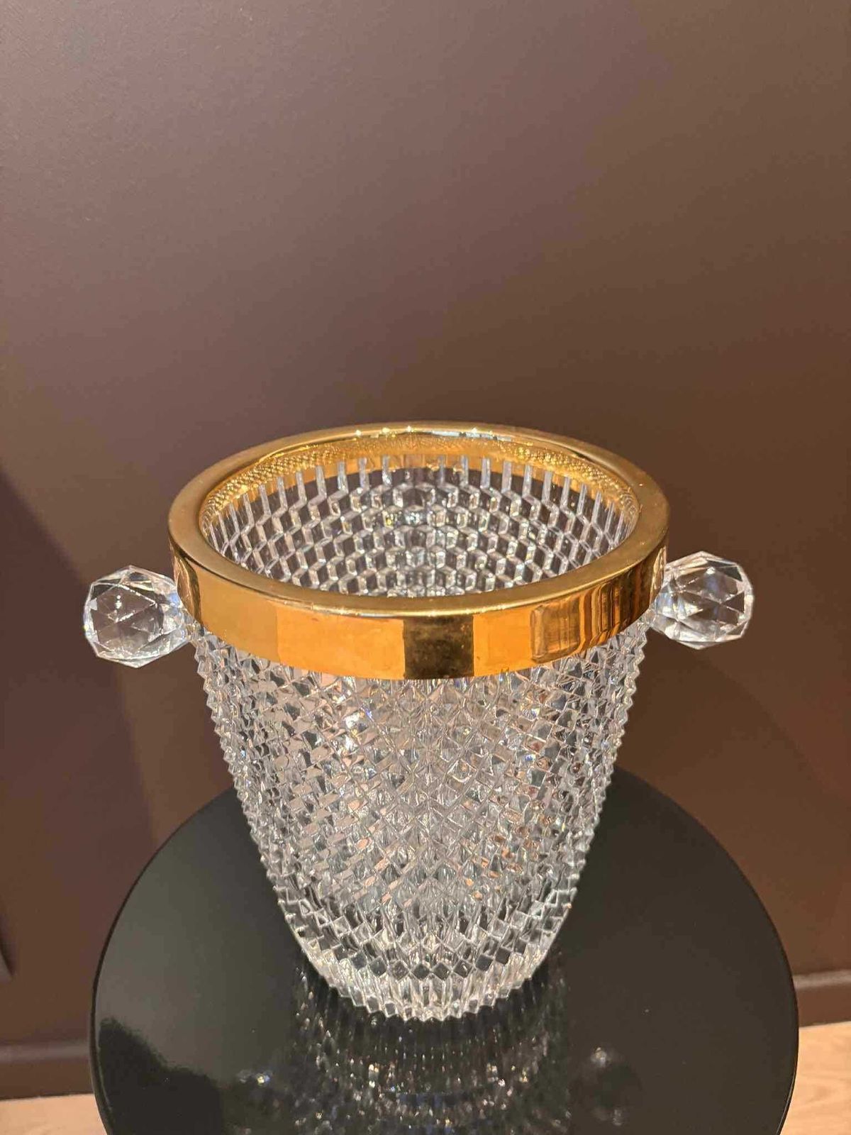 Vintage French Crystal Champagne Bucket, Golden Rim, Art Deco Ice Chiller photo for sale