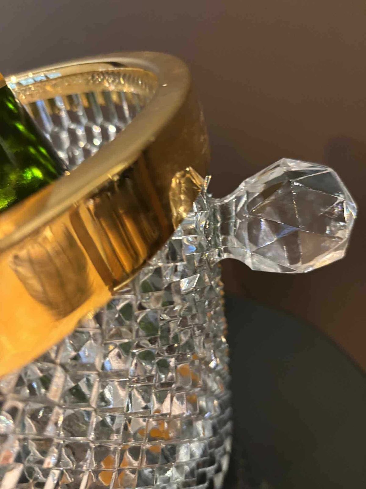 357.0 Vintage French Crystal Champagne Bucket, Golden Rim, Art Deco Ice Chiller photo