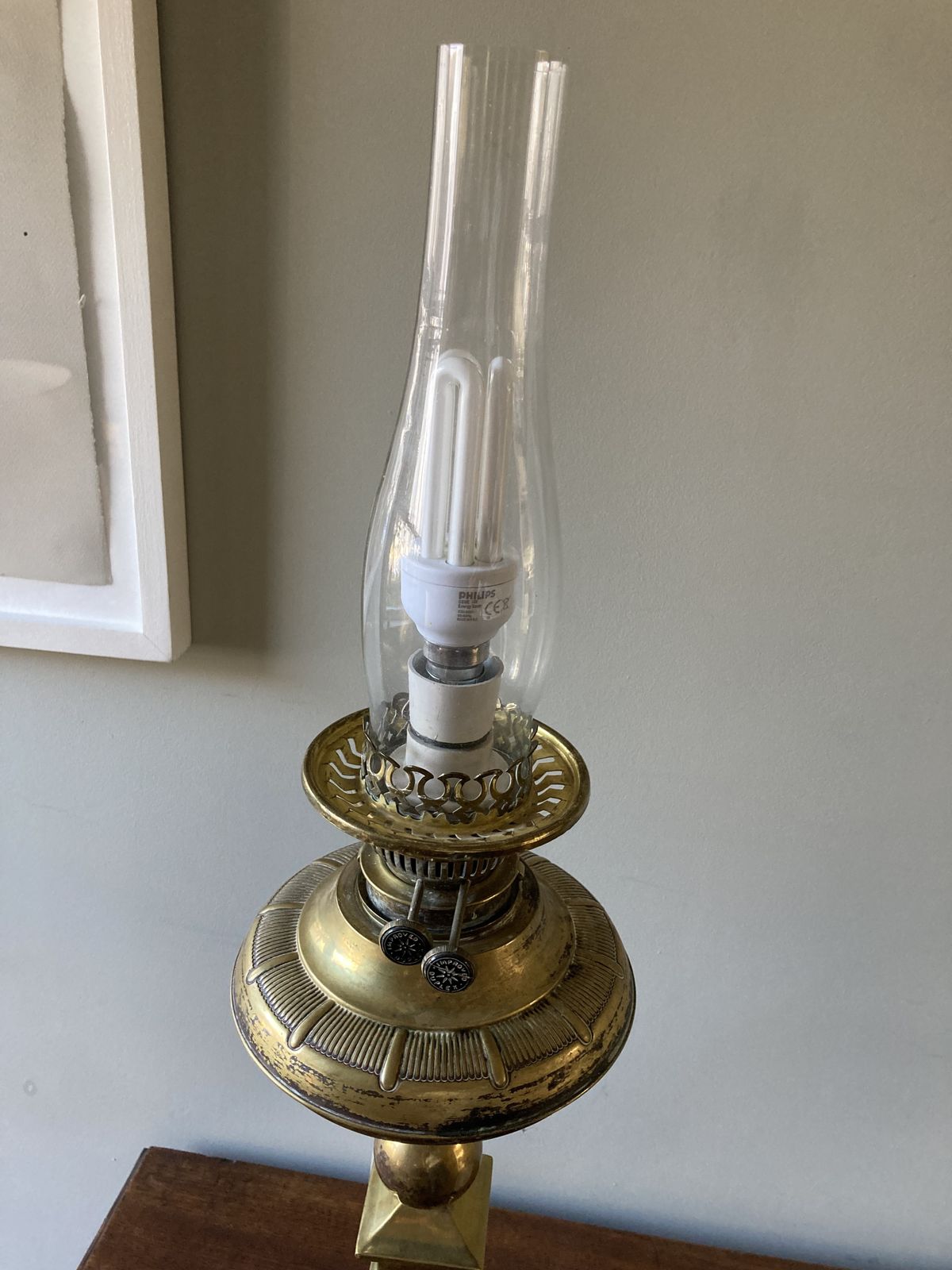 Victorian Lamp Brass Column Oil Table Lamp Converted To Electric photo for sale