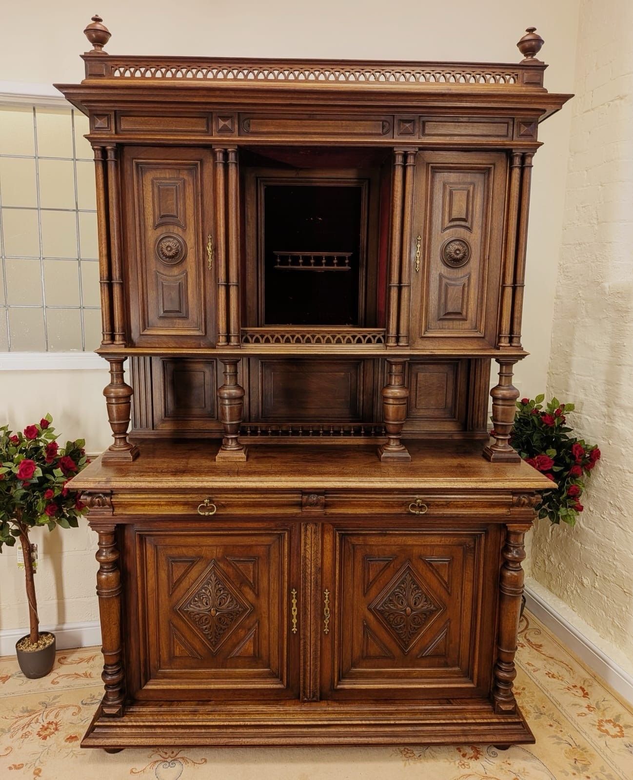 Victorian Josselin French Carved Walnut Double Buffet Hunting Cabinet Circa 1880