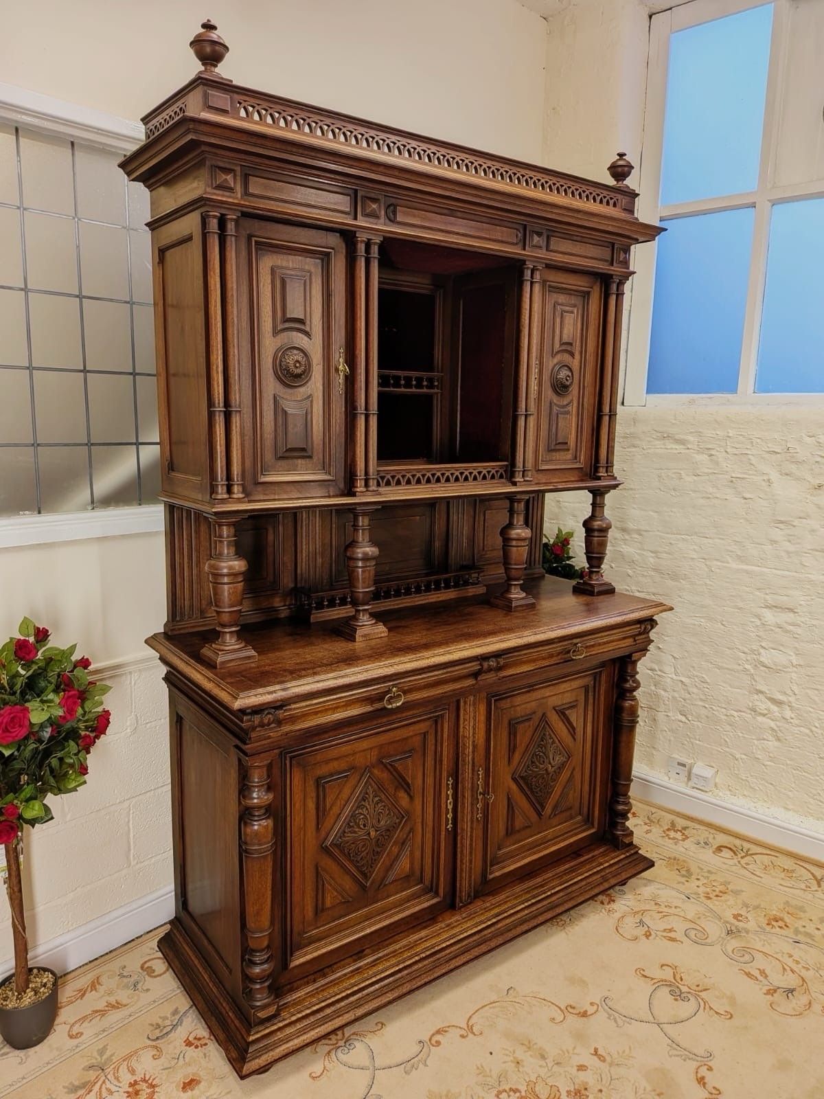 Victorian Josselin French Carved Walnut Double Buffet Hunting Cabinet Circa 1880 photo furniture