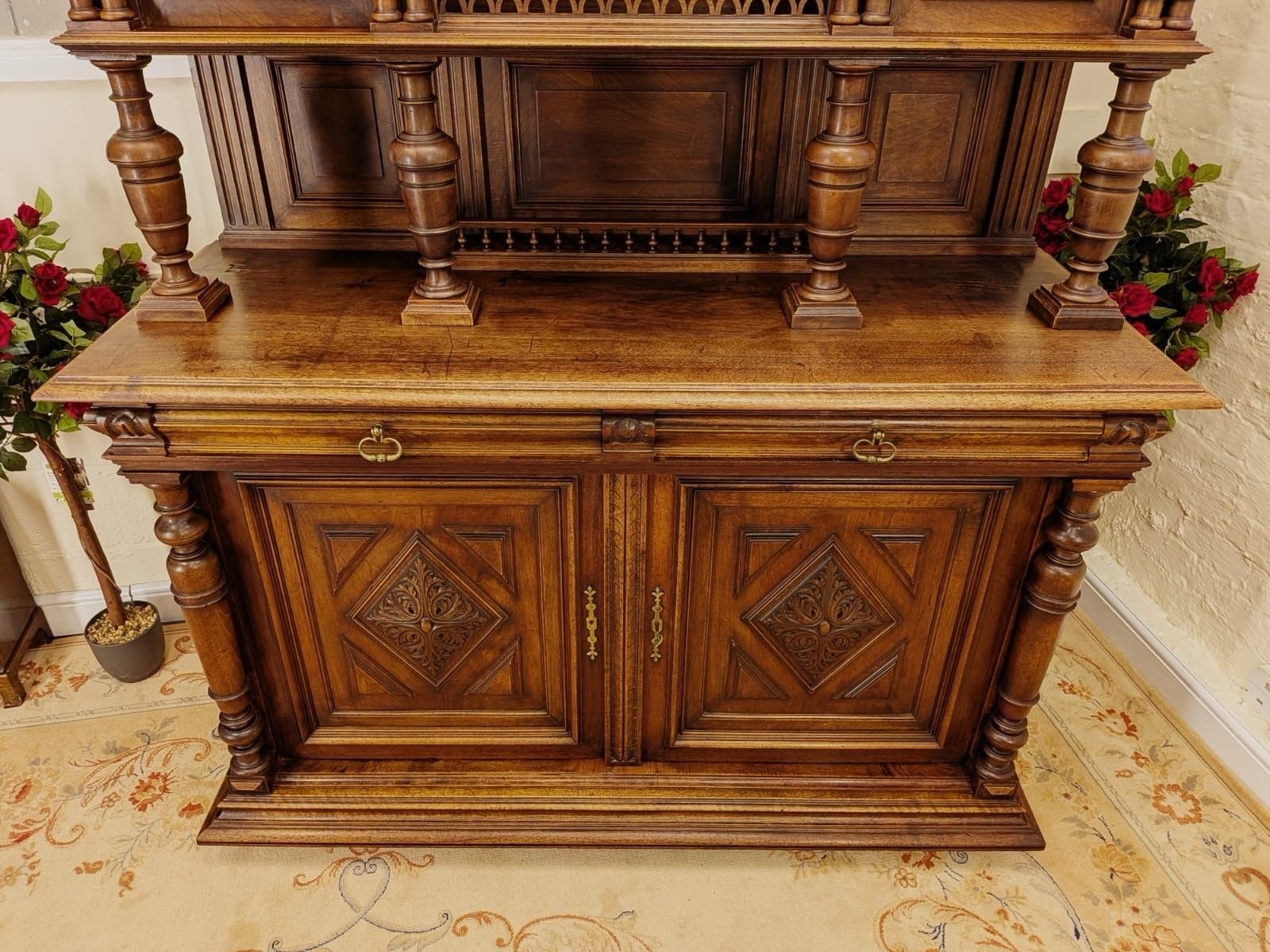 Victorian Josselin French Carved Walnut Double Buffet Hunting Cabinet Circa 1880 photo Furniture