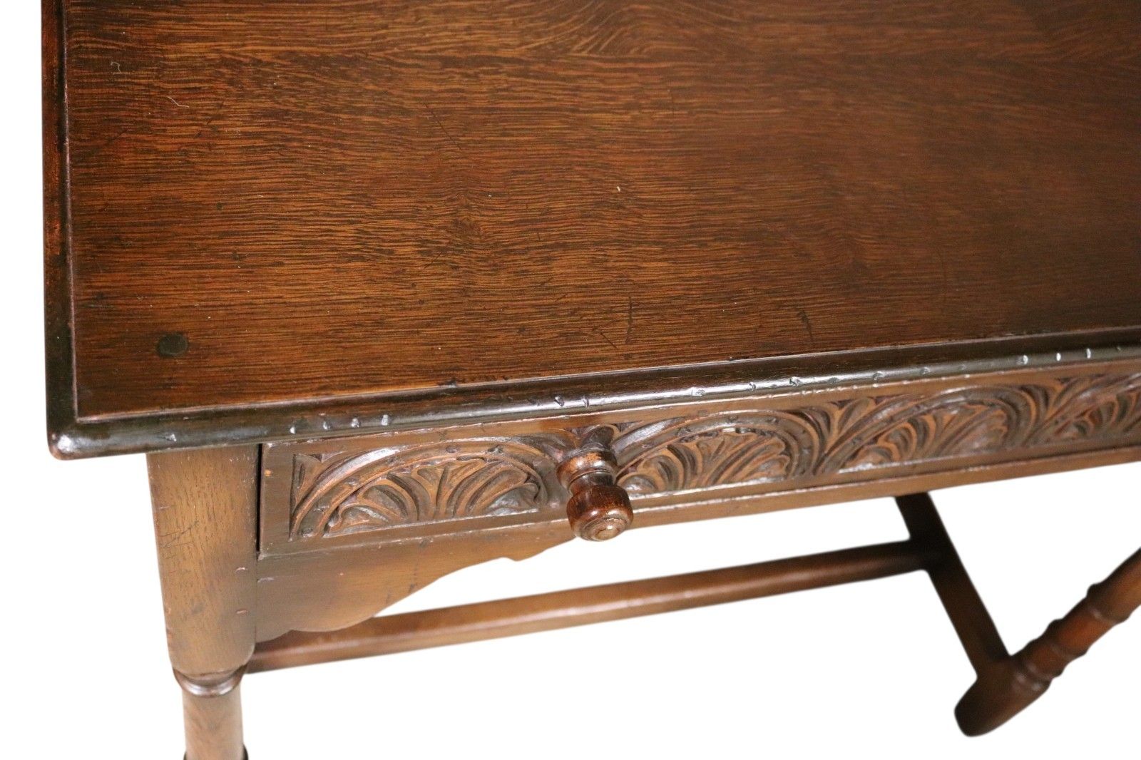 photo for sale Early 20th Century Carved Oak Hall Table Bobbin Turned Tudor Style Antique Table