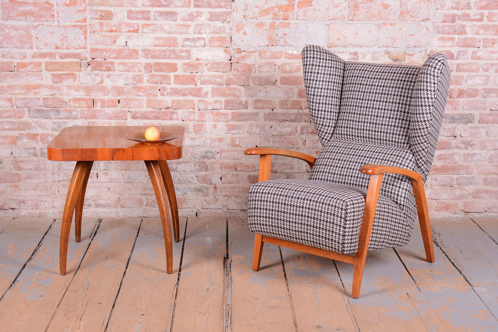 Furniture Restored Art Deco Wingchair, Beech, Reupholstered, Polished, Czech, 1940s photo