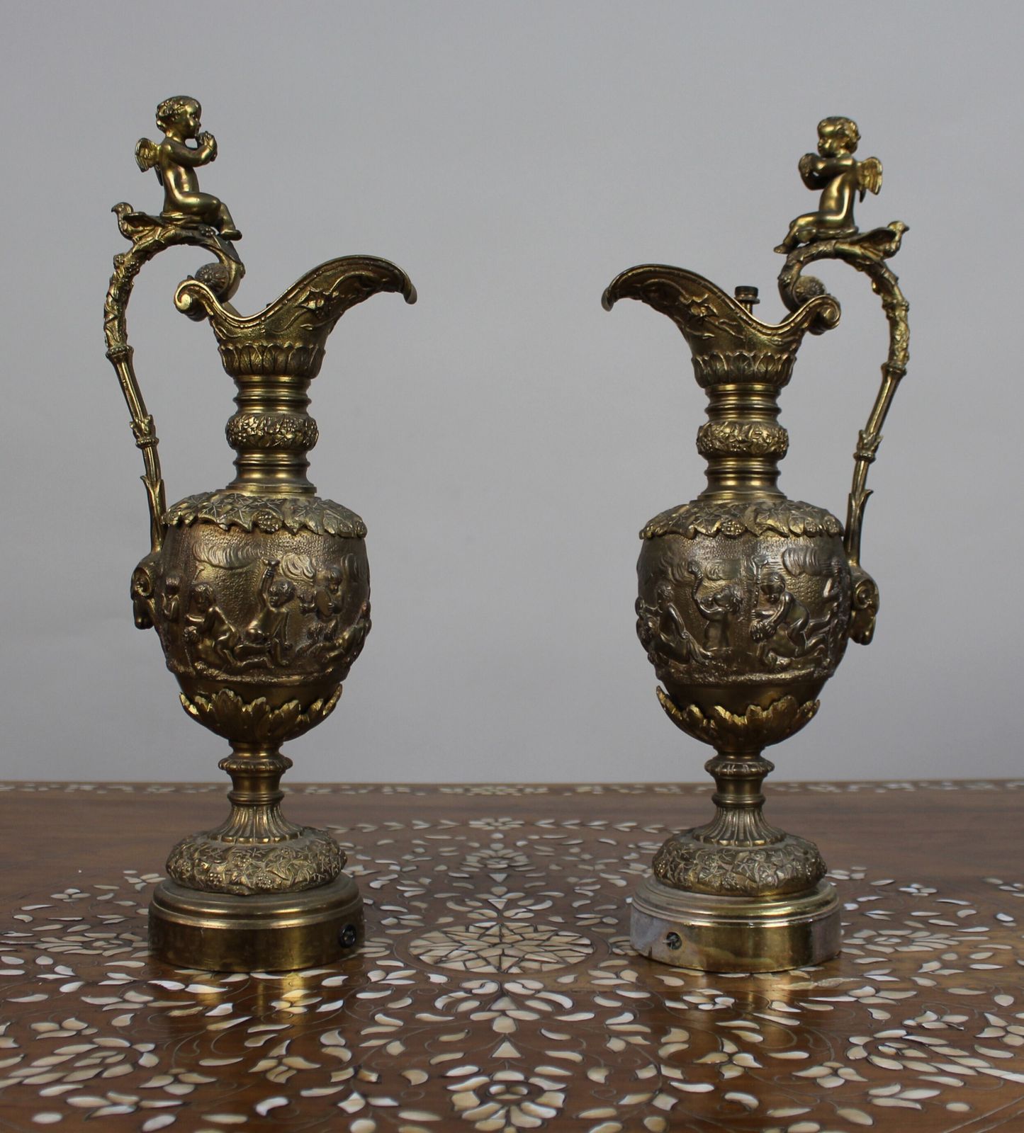 Pair Of 19th Century French Gilt Bronze Bacchanalian Ewers With Cherubs photo Home Decor