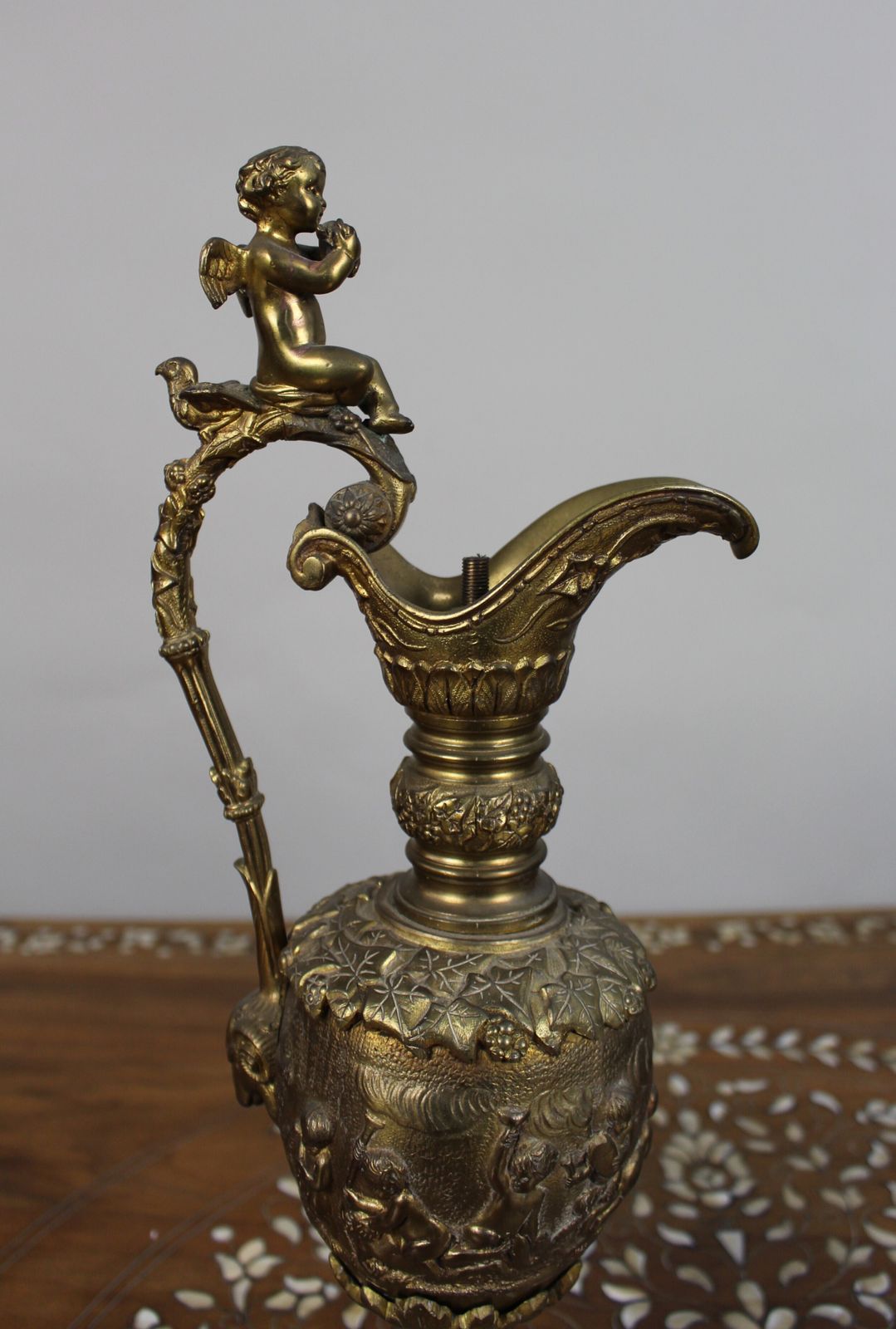 Pair Of 19th Century French Gilt Bronze Bacchanalian Ewers With Cherubs photo vinterior