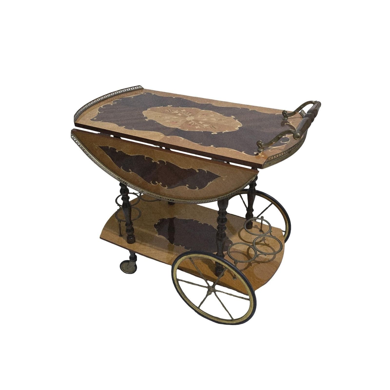 Vintage Mid Century Modern Italian Marquetry Wood Bar Cart With Folding Top photo furniture