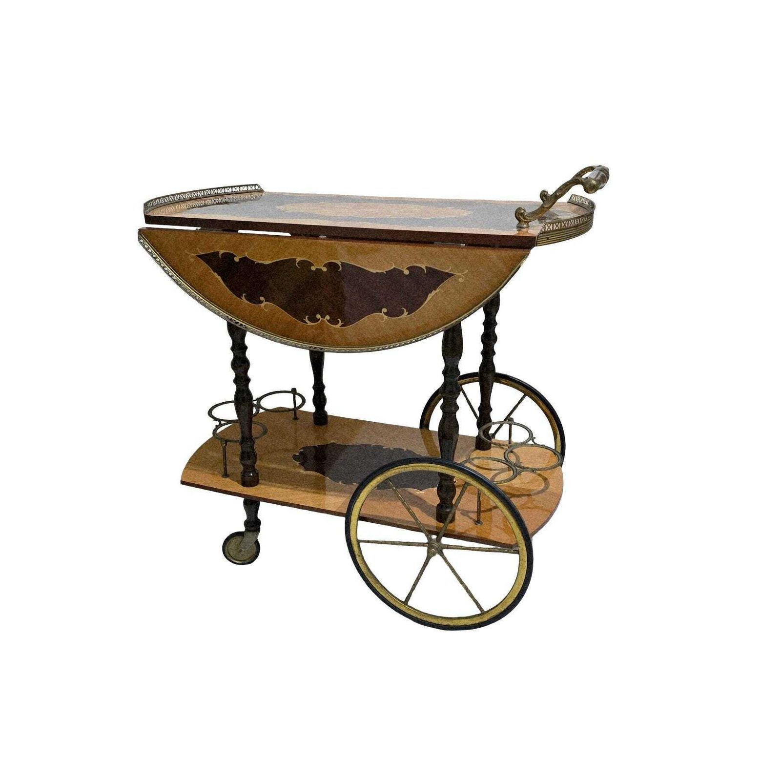Vintage Mid Century Modern Italian Marquetry Wood Bar Cart With Folding Top photo for sale