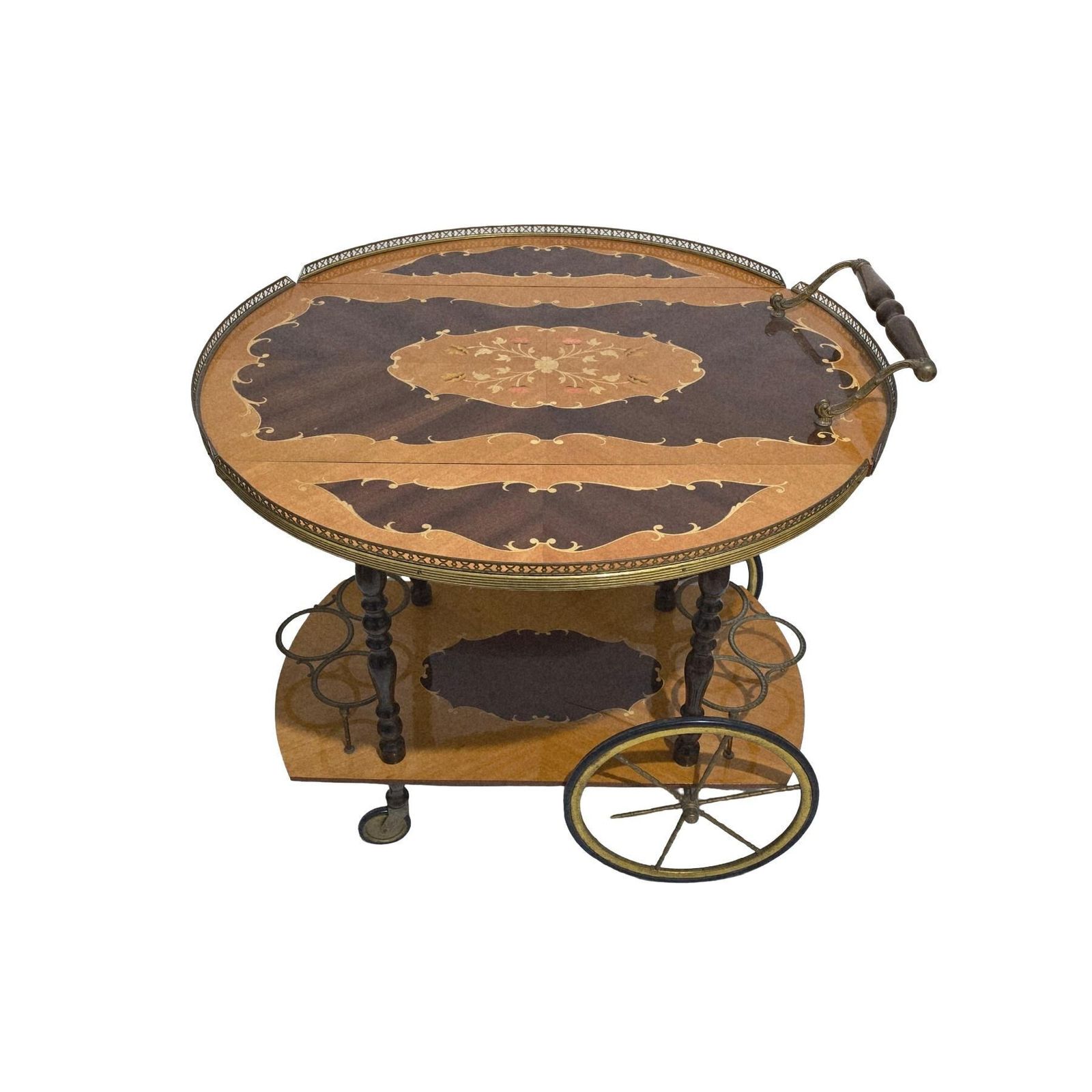 Vintage Mid Century Modern Italian Marquetry Wood Bar Cart With Folding Top photo Furniture