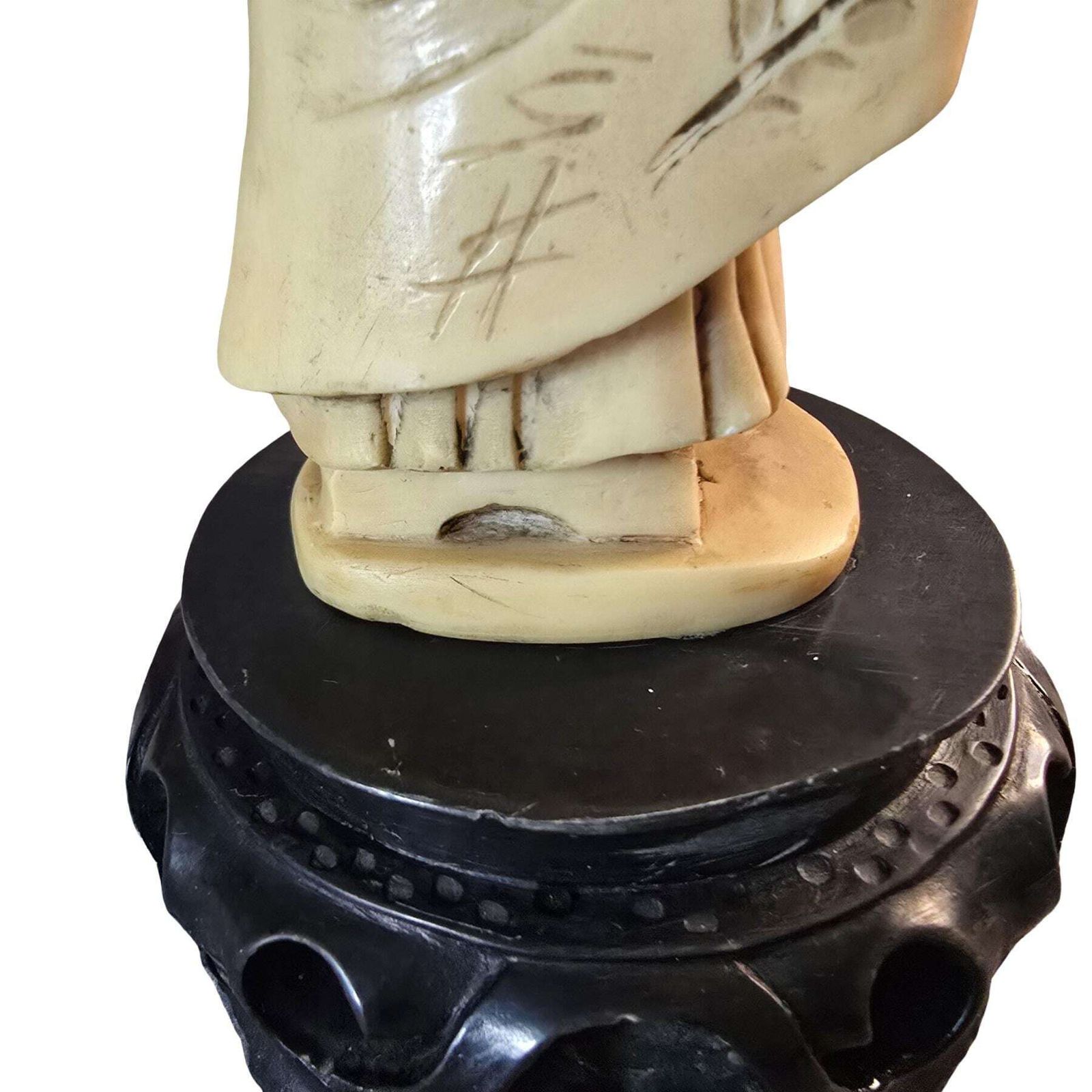 Vintage Asian Geisha Figurine, Resin Marble Dust, Carved Wood Stand photo for sale