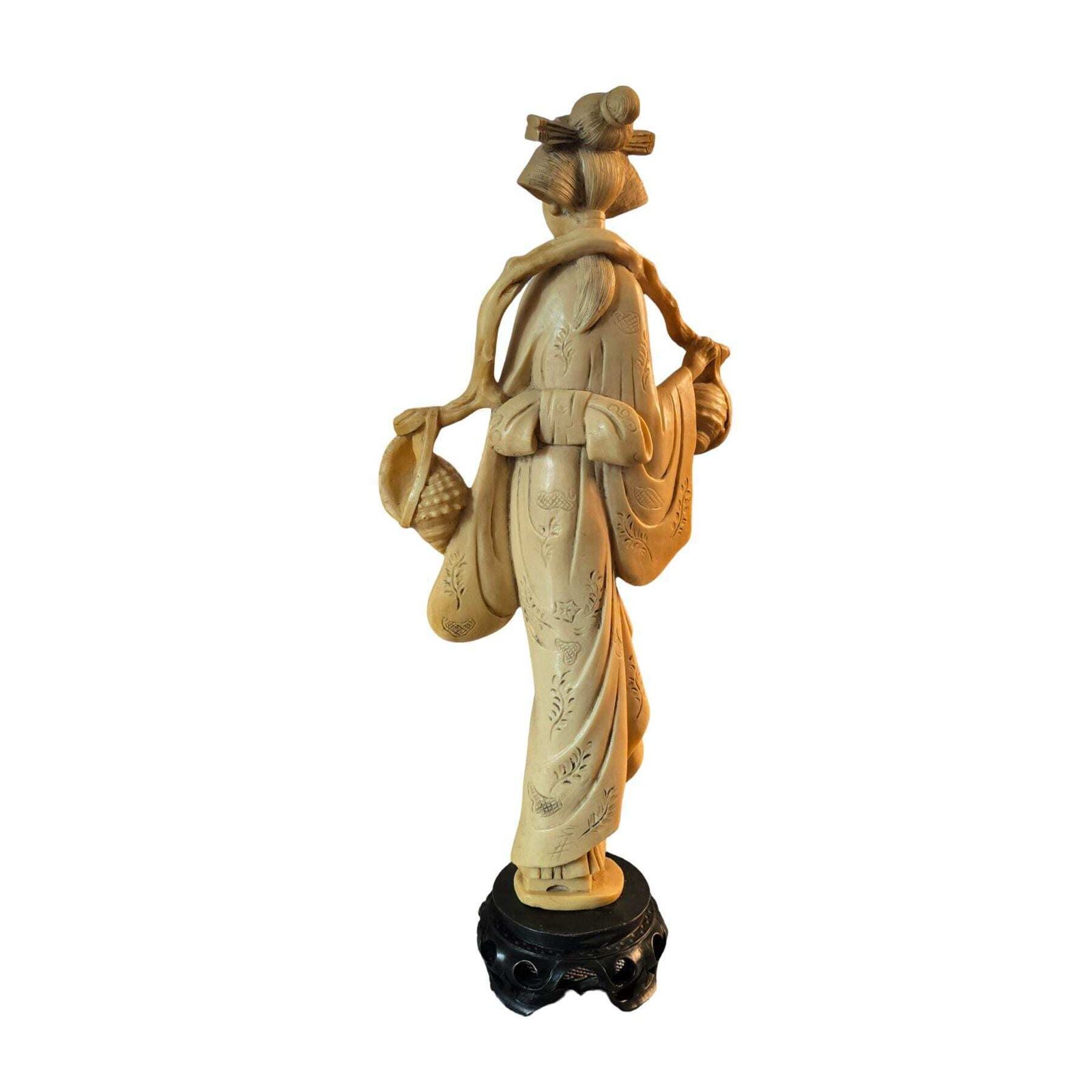 photo furniture Vintage Asian Geisha Figurine, Resin Marble Dust, Carved Wood Stand